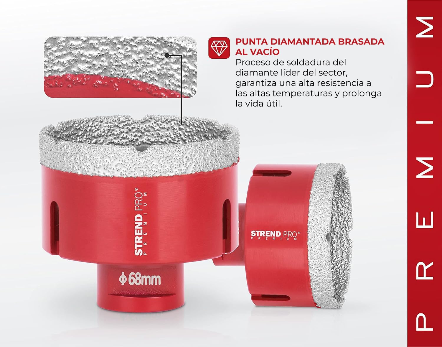 STREND PRO Set de Coronas Diamantadas para Azulejos, Vidrio y Gres | 20-35-45-55-68 mm | Rosca M14 para Amoladora Angular | Maletín de Aluminio | Cerámica, Granito y Piedra | Corte Rápido
