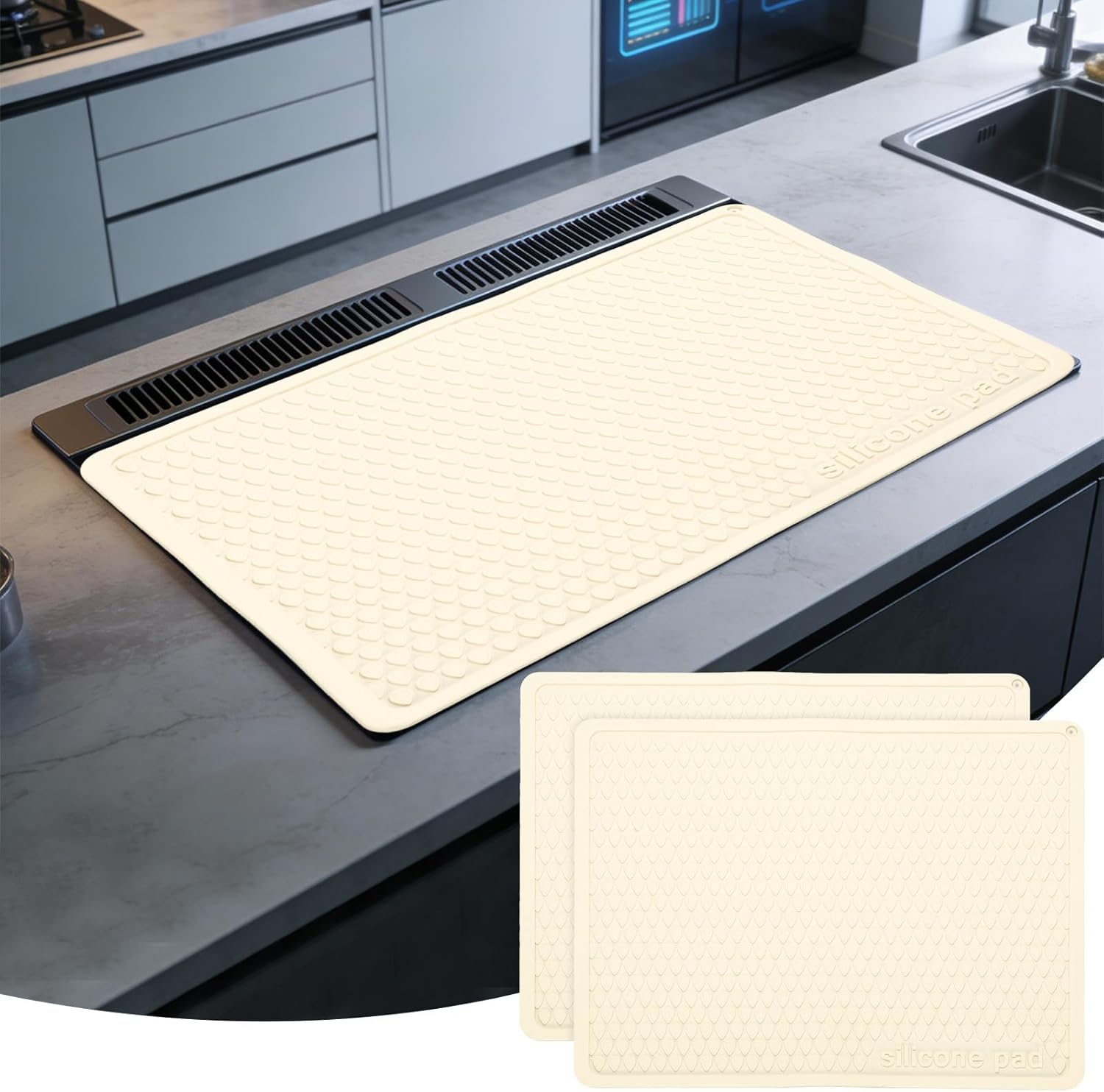 PATIKIL 2 Pcs Dish Drying Mat, 16 x 12 Inch Silicone Heat Resistant Drying Pad Stove Top Cover for Kitchen Counter Sink Stove Refrigerator Drawer Liner, Cream White