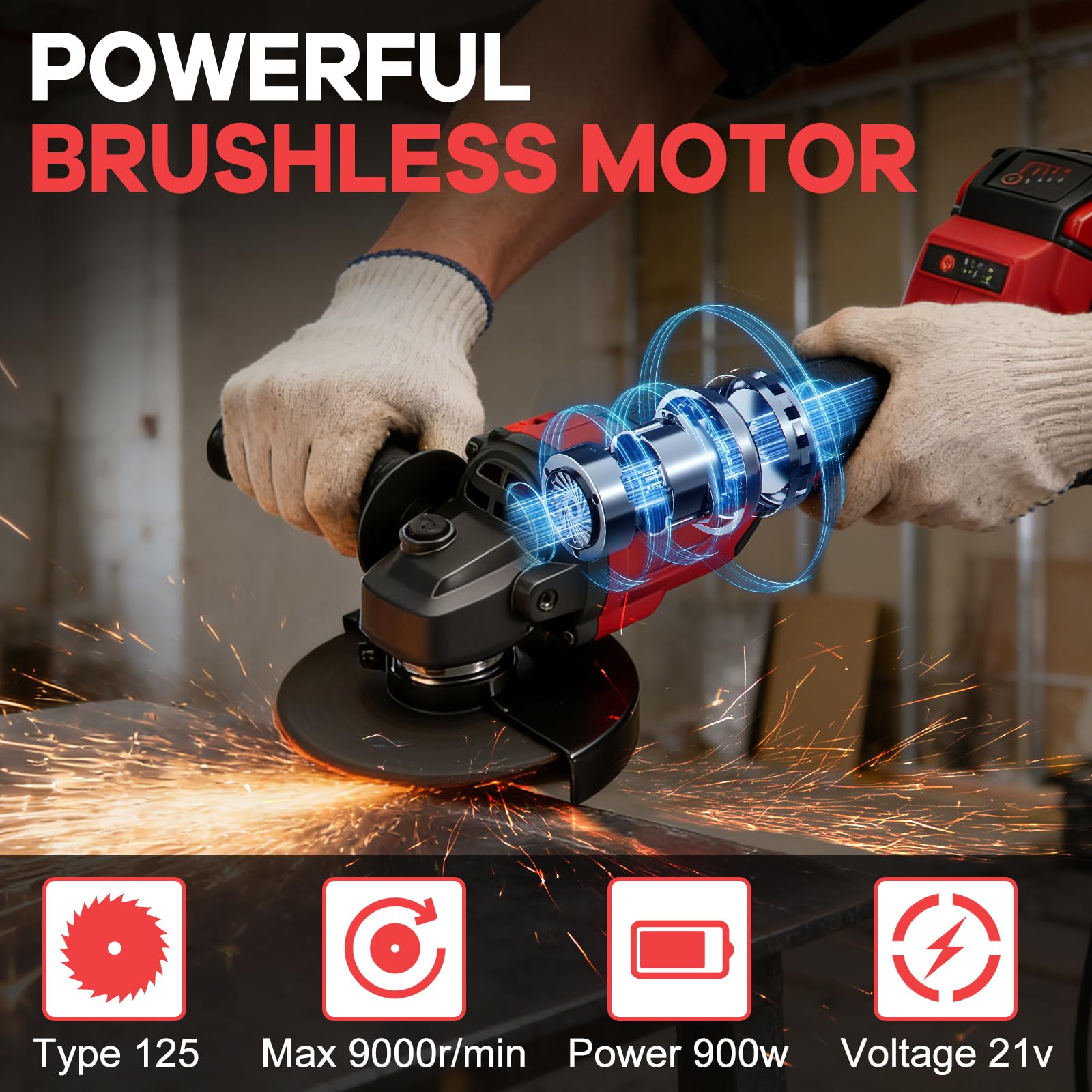 Smerigliatrice angolare a batteria da 125 mm, compatibile con Milwaukee M 18 V (senza batteria), 900 W, 9000 giri/min, smerigliatrice angolare brushless a 3 velocità, 12 dischi, impugnatura aggiuntiva