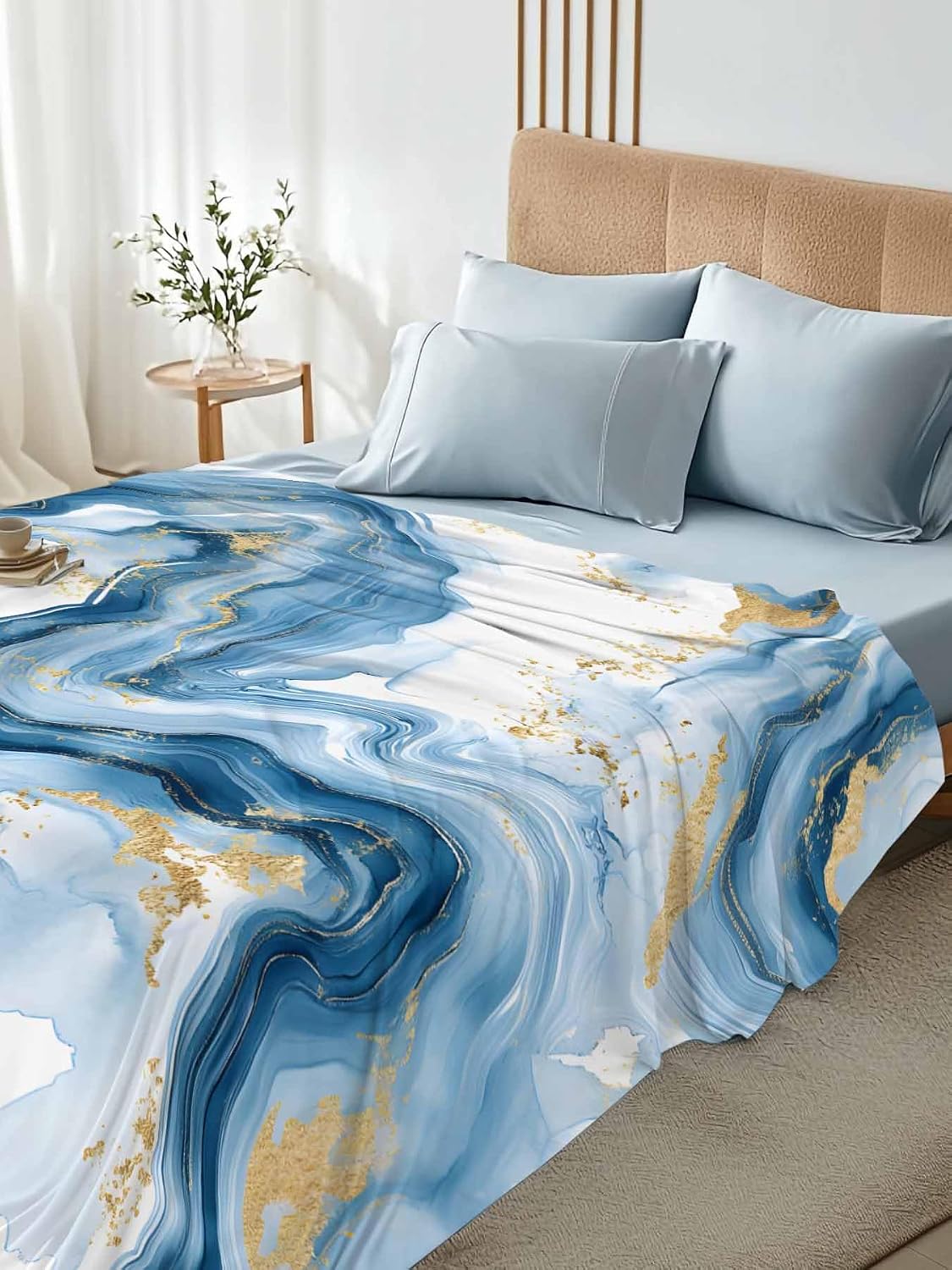 Top Sheet Full Bedding Flat Sheet Only, Modern Blue Gold Marble Stone Microfiber Bed Sheets Soft Breathable Bedding Flat Sheets, Abstract Liquid Texture Hotel Luxury Top Sheets