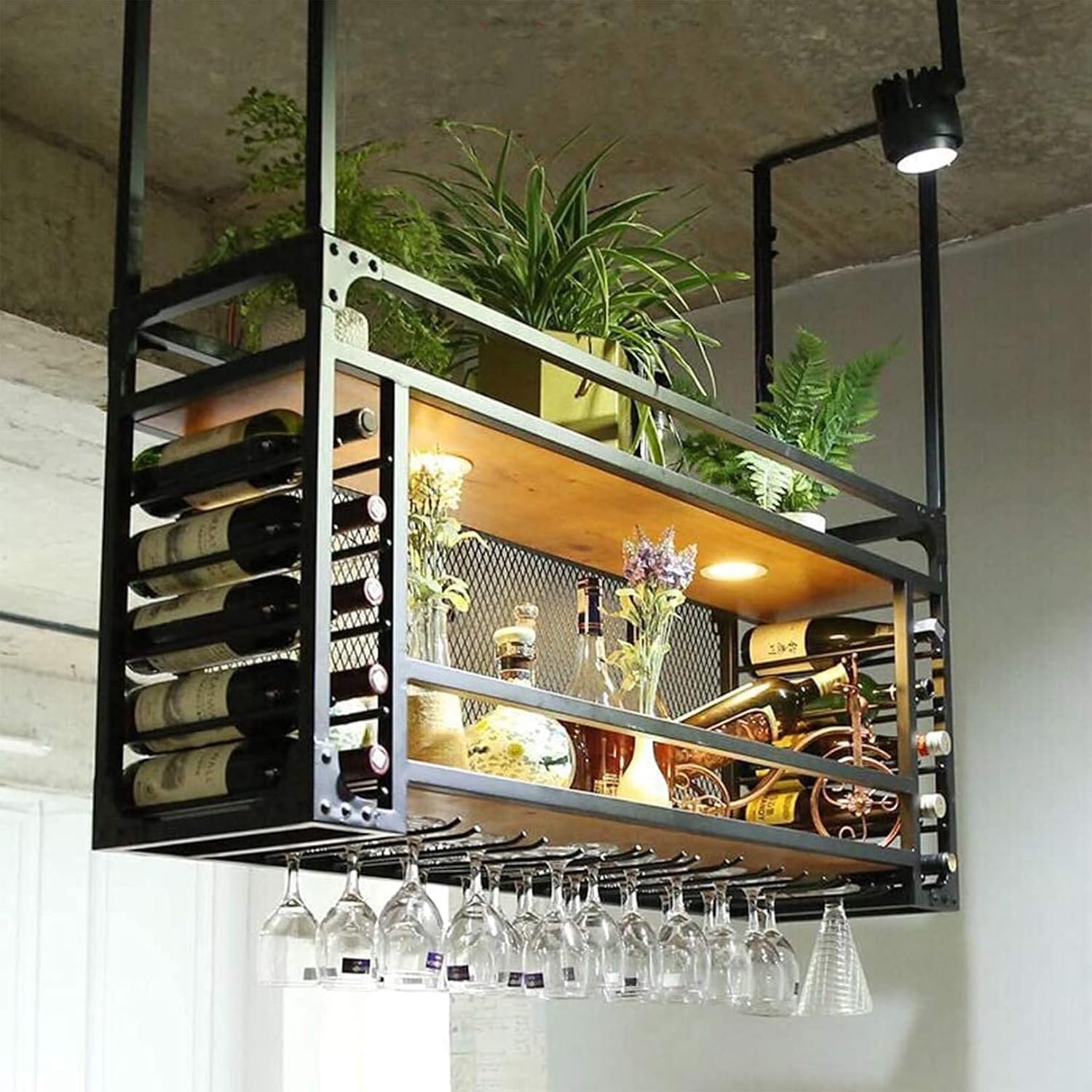 Vintage Hanging Wine Rack with Lights Metal Ceiling Bottle Holder and Stemware Glass Shelf Display and Storage for Wine 80x30cm