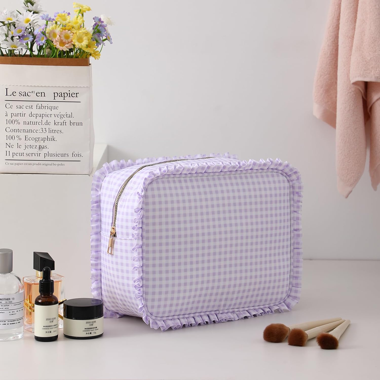Gingham Ruffle Makeup Bag,Large Travel Cute Cosmetic Bag for Women Girls,Toiletry Bag Make up Organizer 10.8 x 4.5 x 8 inch (Purple Gingham) - Image 2