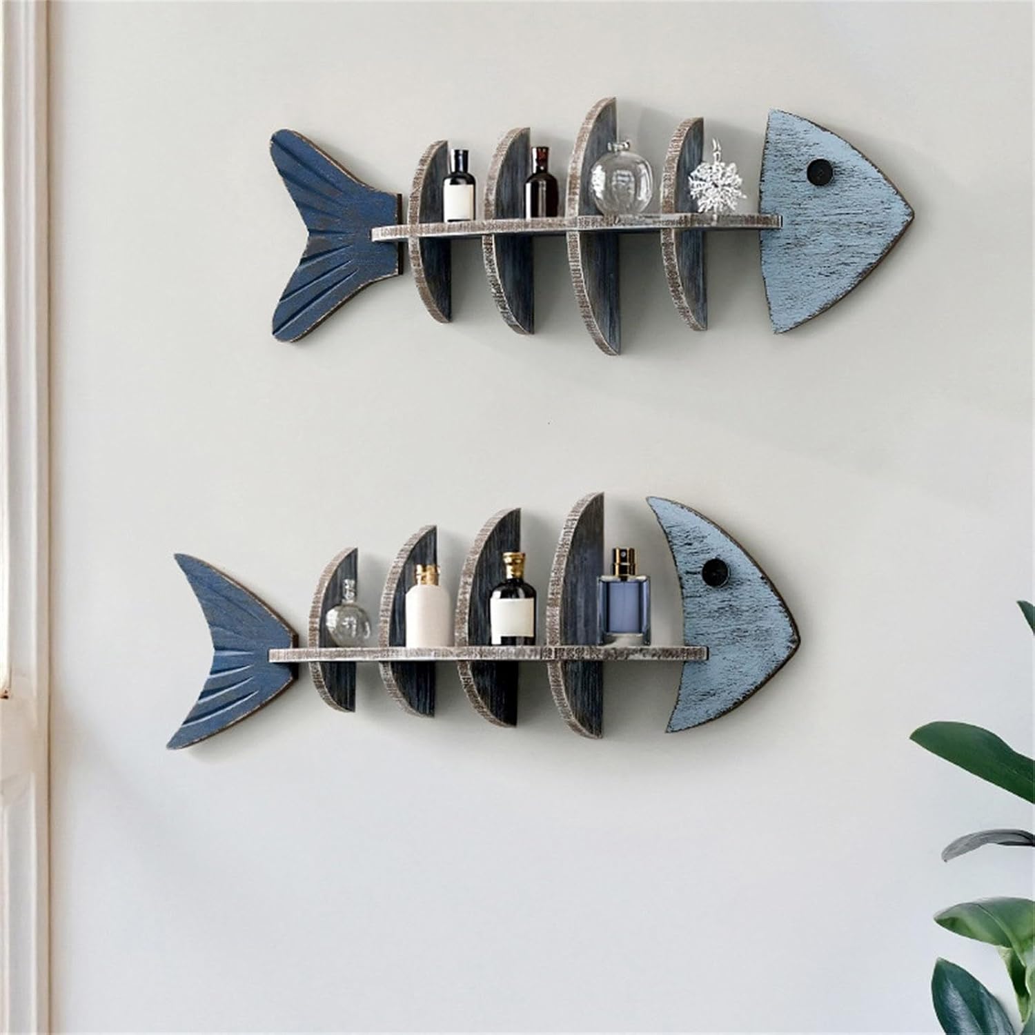 Antique Look Wood Fish Wall Decors Hanging Shelf for Mediterraneans Lake House Bedroom Study Bathroom Display Organizers Mediterraneans Wall Art