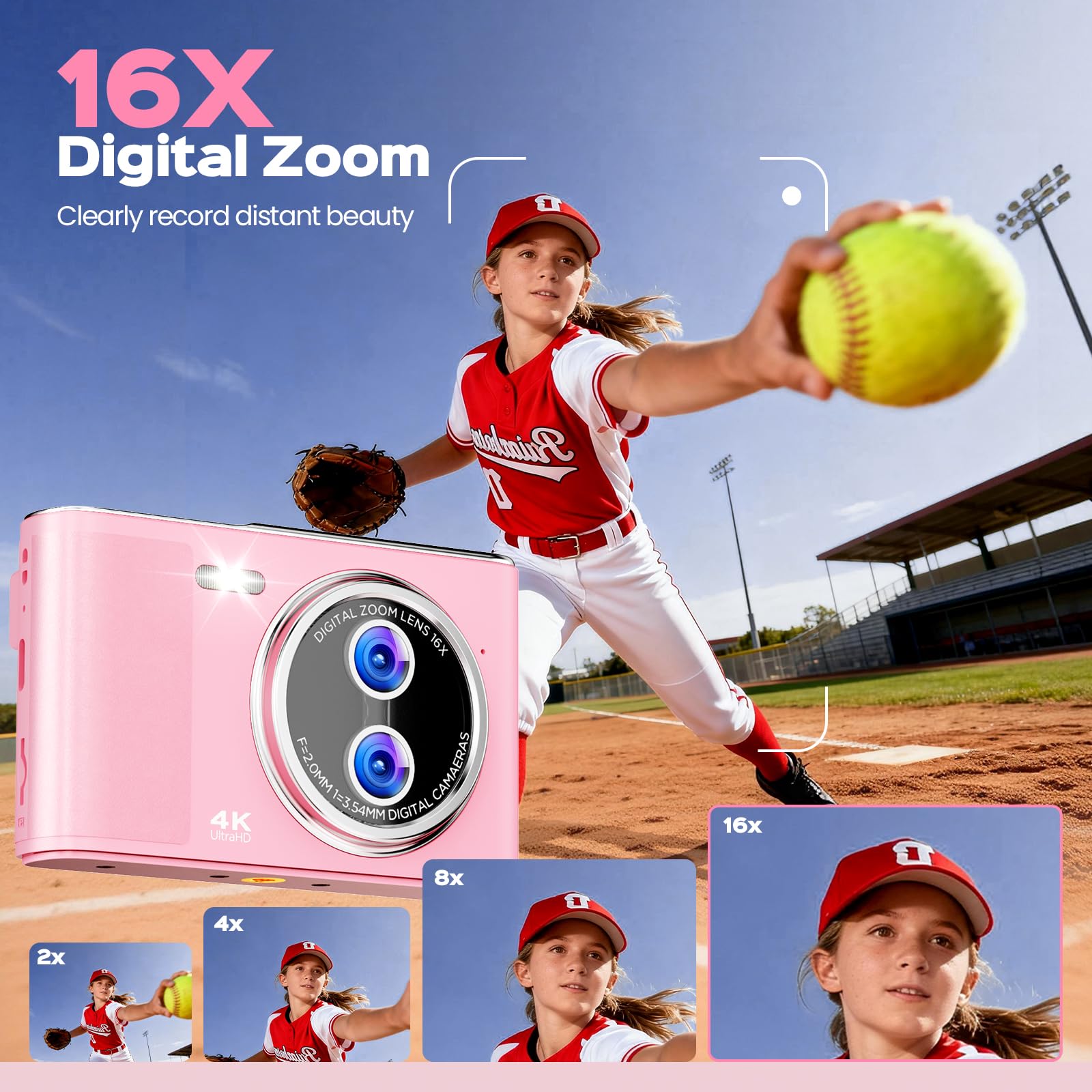 Digitalkamera Kinder 4K 48MP 2,8 Zoll Anti-Shake 16X Zoom Vlogging Kamera Rosa