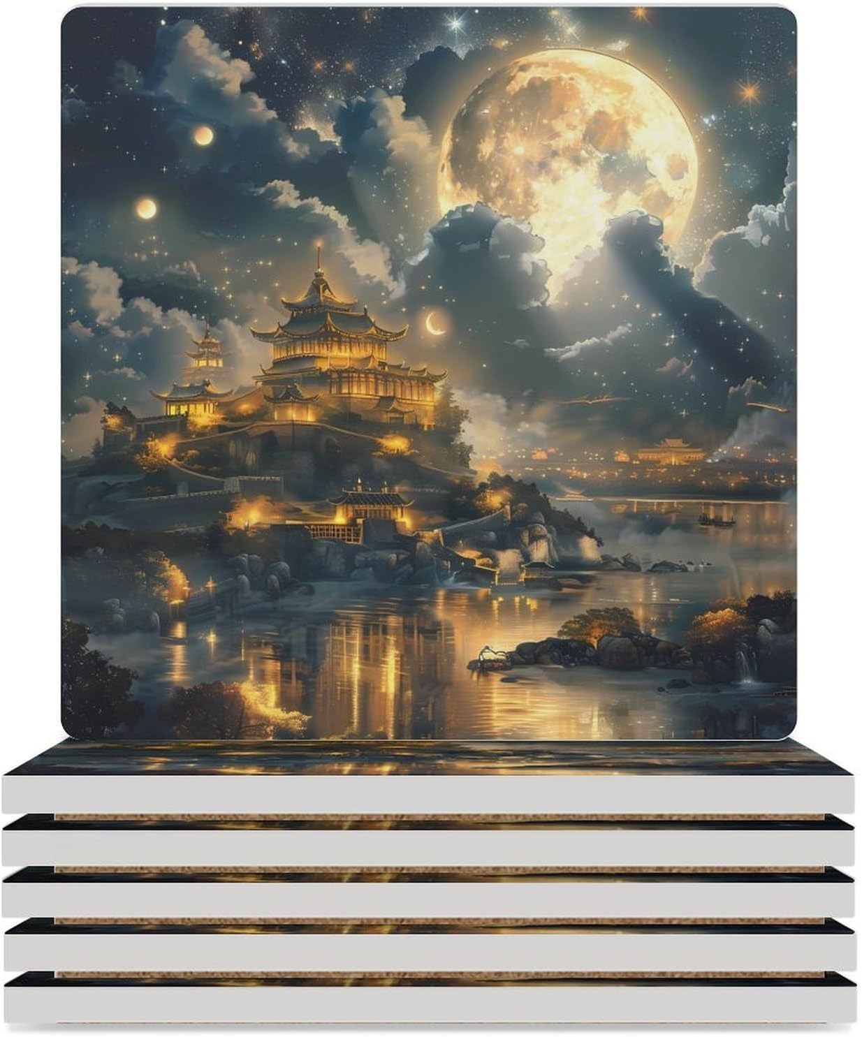 Tower Palace Coaster for Drinks Square Ceramic Table Coasters Stone Mat Crafts 4PCS Home Kitchen Decor