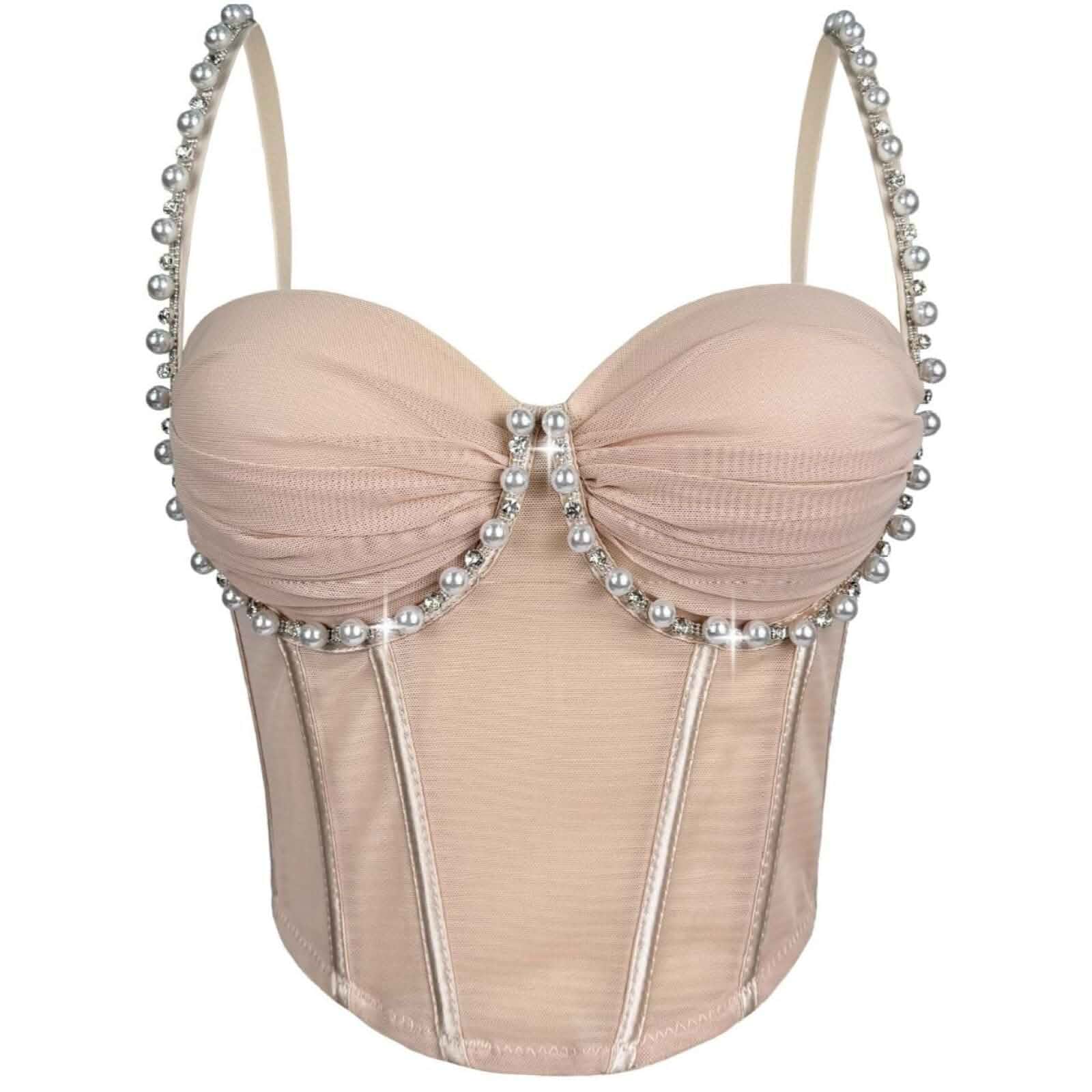 Bustier Tops for Women Pearls Rhinestones Beaded Ruched Mesh Top Pearls Rhinestones Straps, Sweetheart Neckline, Underwire, Boned, Push Up, Adjustable Straps, Date Night Party Outfits