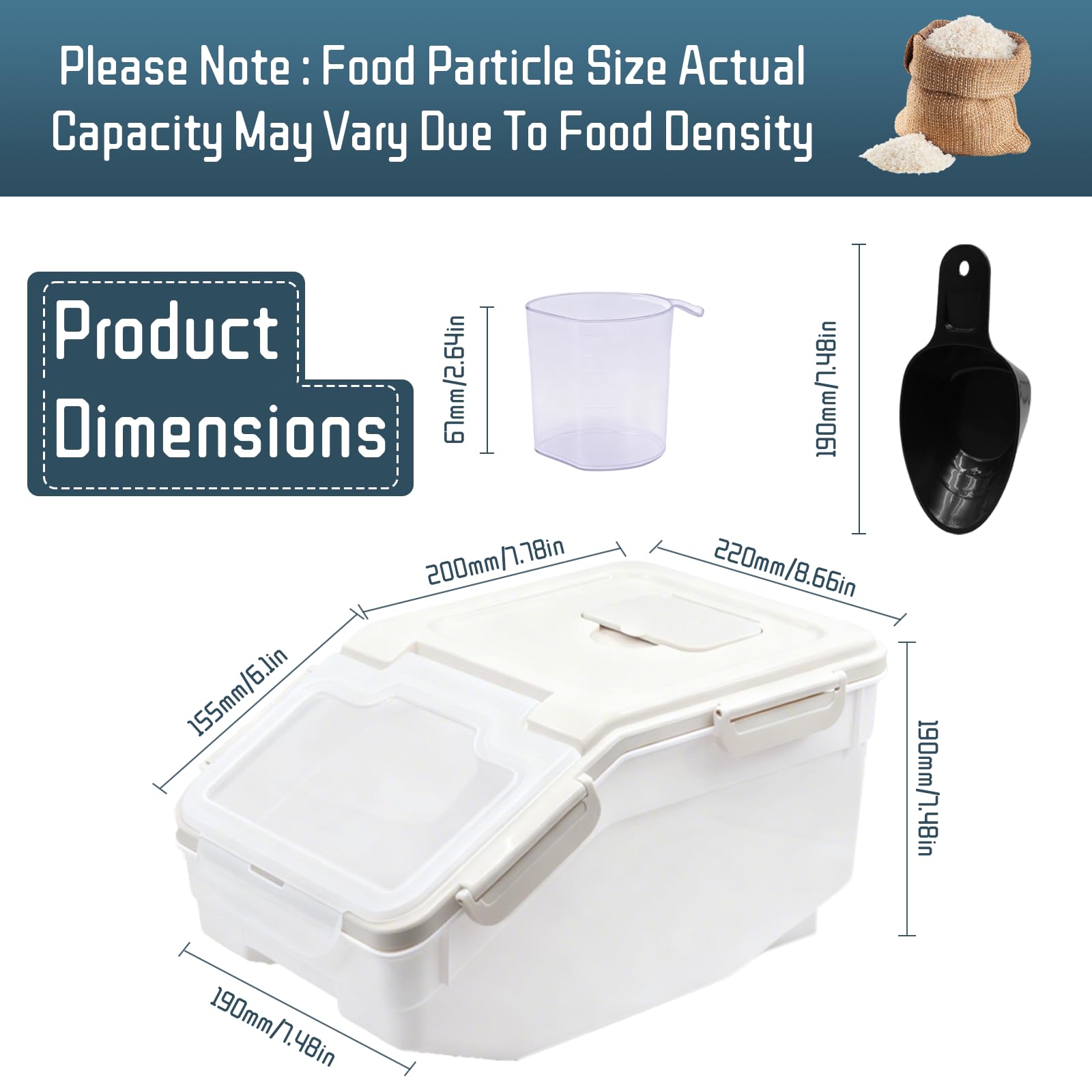 Contenitore ermetico per riso, 5 kg, a prova di umidità e parassiti, con ruote e coperchio di bloccaggio, per riso, farina, pasta e alimenti secchi, per uso alimentare (grigio)