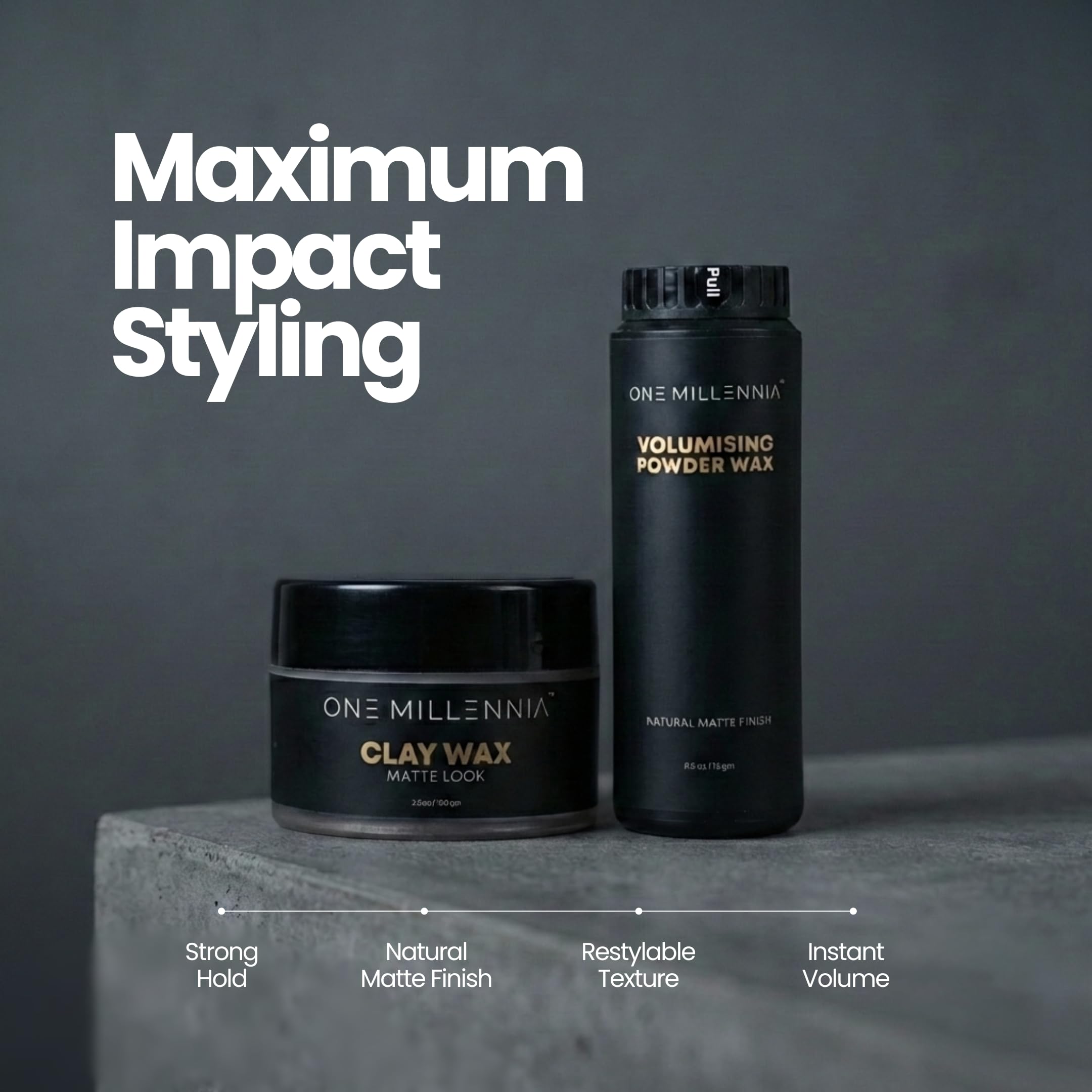 One Millennia Hair Clay Wax (100g) & Volumising Powder Wax (15g) Combo for Men, Strong Hold, Matte Finish, Non-Sticky Hair Styling Combo,Sulphate & Paraben Free 2