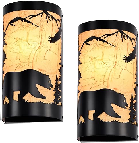 Miniatura 13 de Aplique de pared, apliques de pared de pergamino crema de metal de oso de granja, juego de dos, apliques de pared rústicos negros mate, apliques de