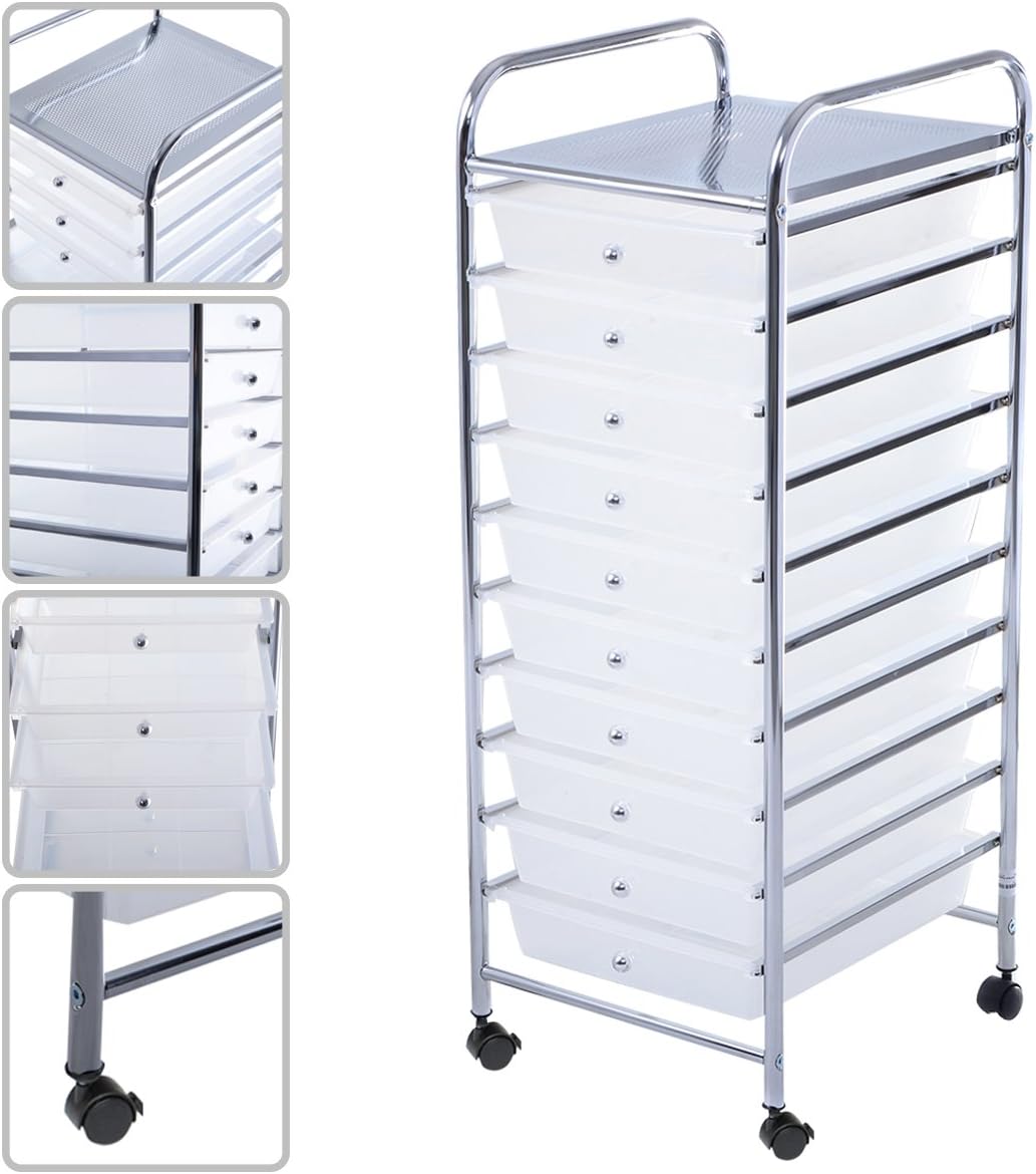 PROSPERLY U.S.Product 10 Drawer Rolling Storage Cart Scrapbook Paper Office School Organizer Clear