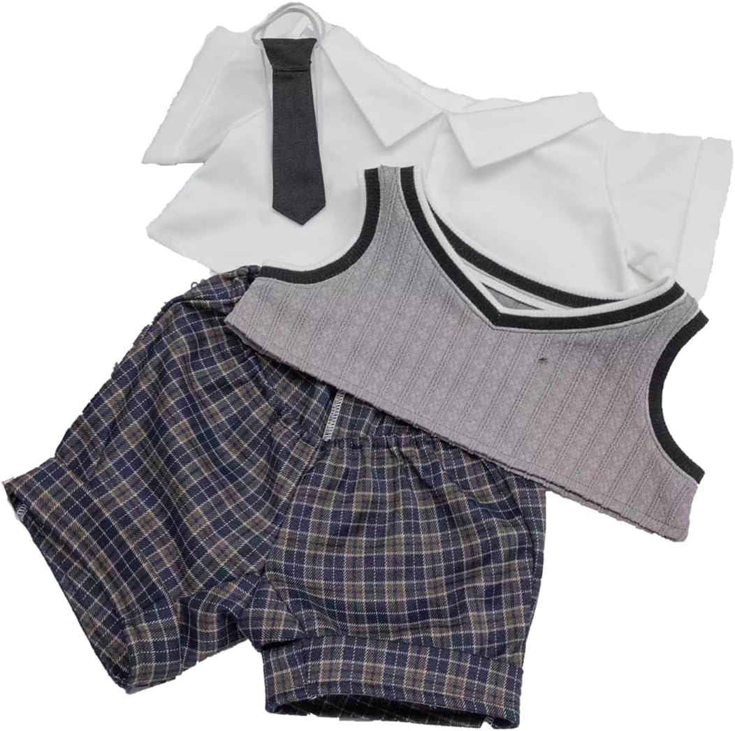 40cm Plush Doll Clothes Set, 4 PCS Uniform Outfit for Stuffed Dolls,Doll Clothes with Shirt Vest Tie and Pants, Preppy Dress Up Clothes for Plush Dolls (Grey,40cm)