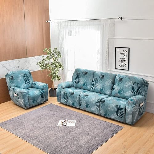 Vista 33 de Fundas elásticas para sofá reclinable, 8 piezas, de elastano, suave, estampadas, fundas para sofá reclinable, protector de muebles con bolsillo Rojo