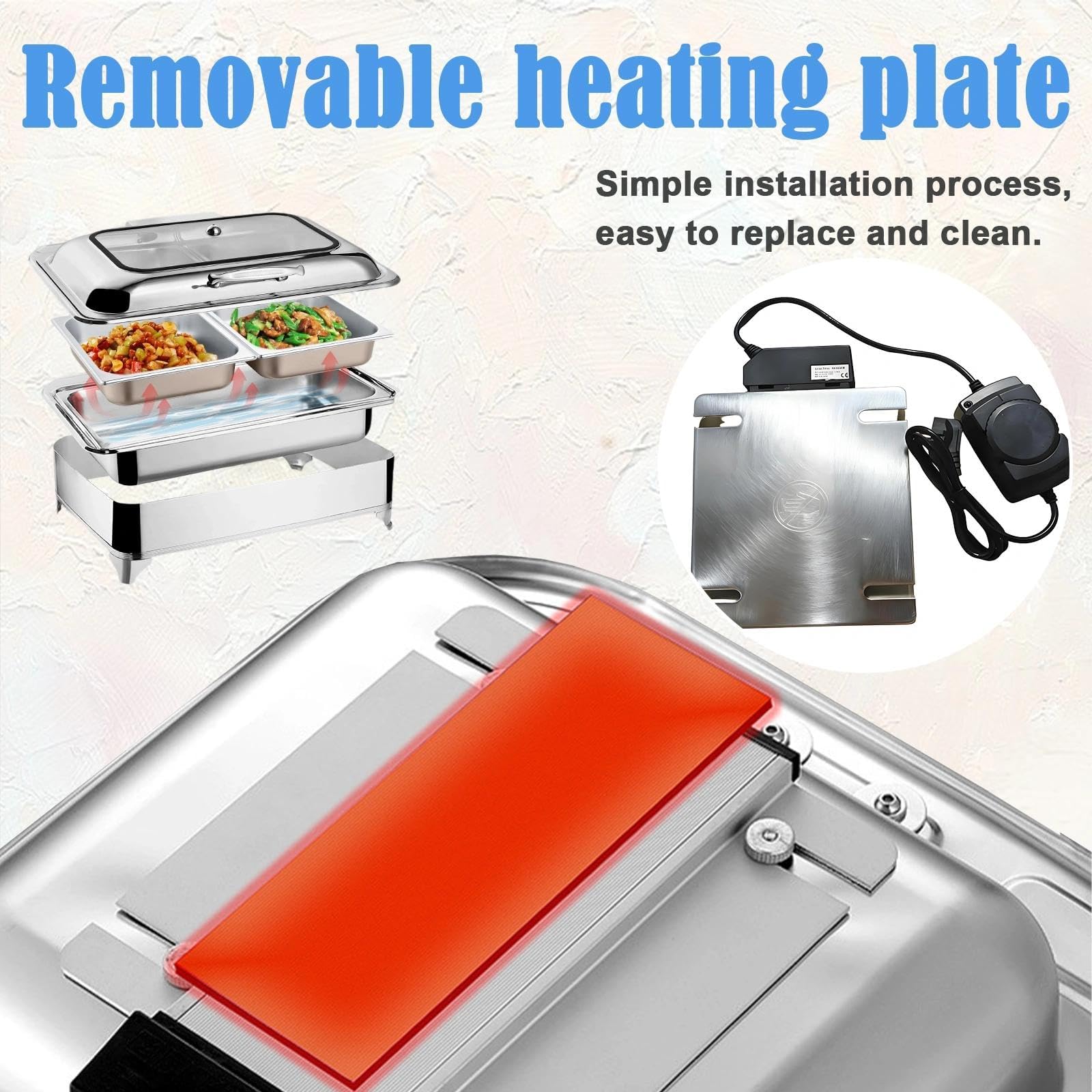 9L Chafing Dish Eléctrico, Profesional Calentador de Buffet in Acero Inoxidable con Tapa Visible, Calentador de Comida con Plato 1/2/3 compartimento para Fiesta y Hotel, Temperatura Regulable(1/2 PAN)