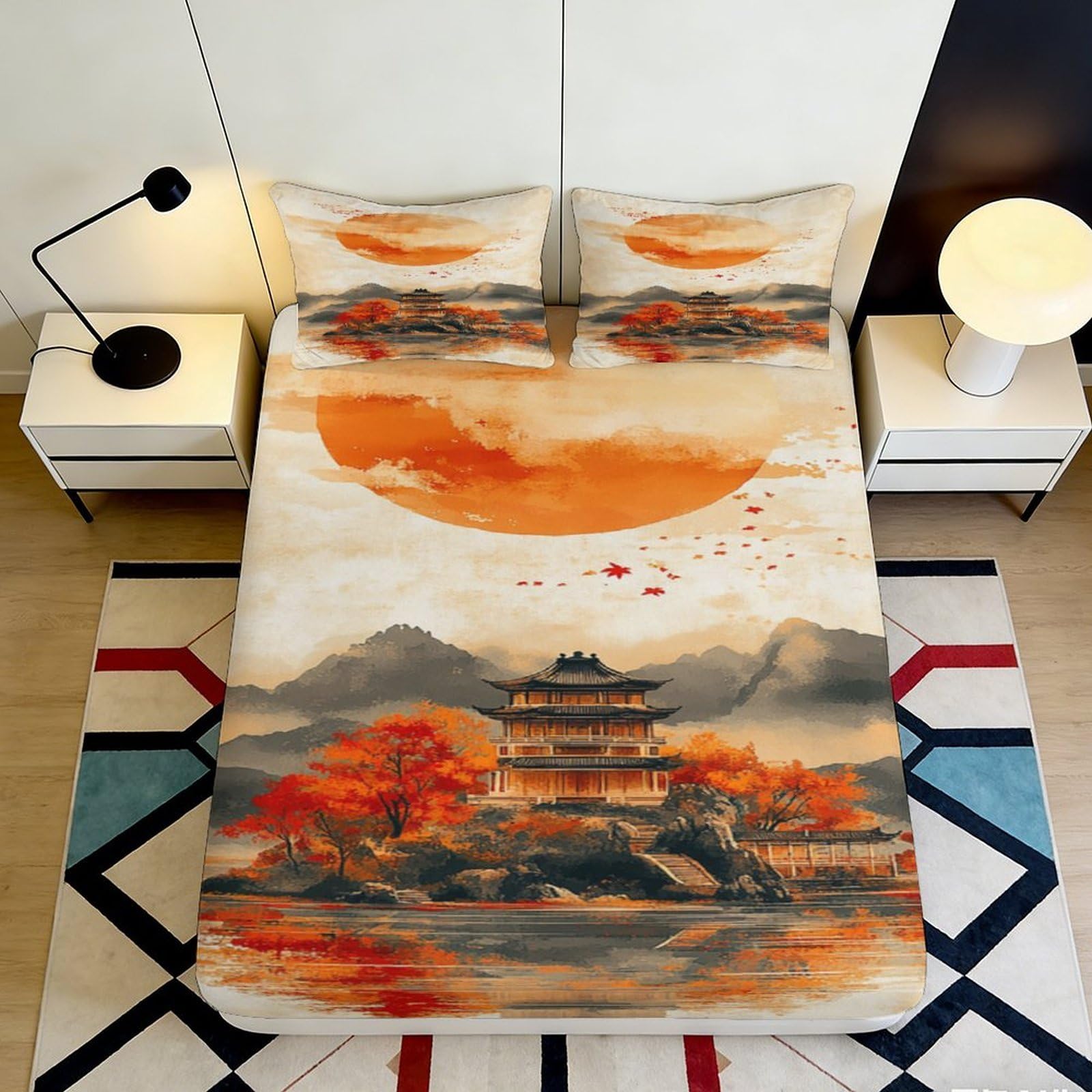 3D Printed Japanese Sunset Fitted Sheet Microfiber Orange Pagoda Mattress Cover for Bedroom Guest Room Decor 90x200x25cm
