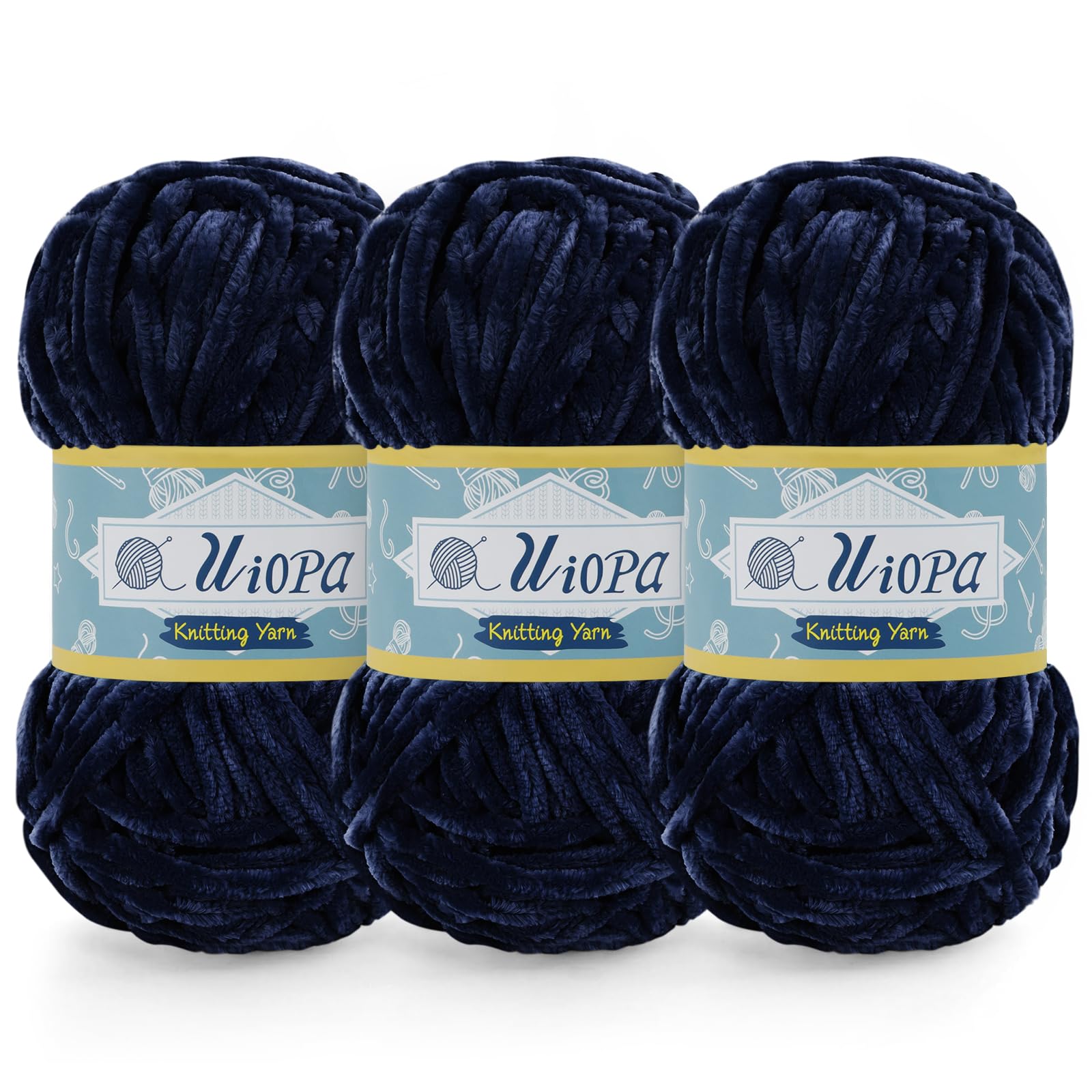 Uiopa 3 x 100g Chunky Chenille Yarn, Plush Velvet Yarn Thick Chenille Wool, Navy Blue Fluffy Crochet Chunky Wool for Amigurumi Blankets Clothes DIY Crafts