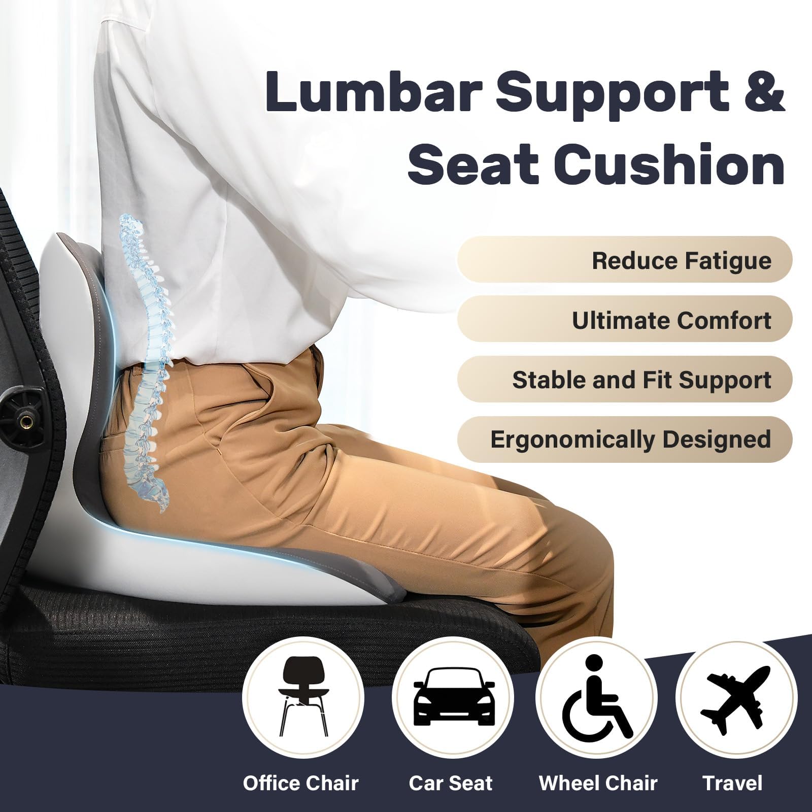 Coverado Sitzkissen und Lendenwirbelstützkissen einteilig für Bürostuhl und Autositz, Ergonomisches Memory-Schaum Rückenstütze Kissen, Ischias und Rücken und Tailbone Pain Relief Kissen