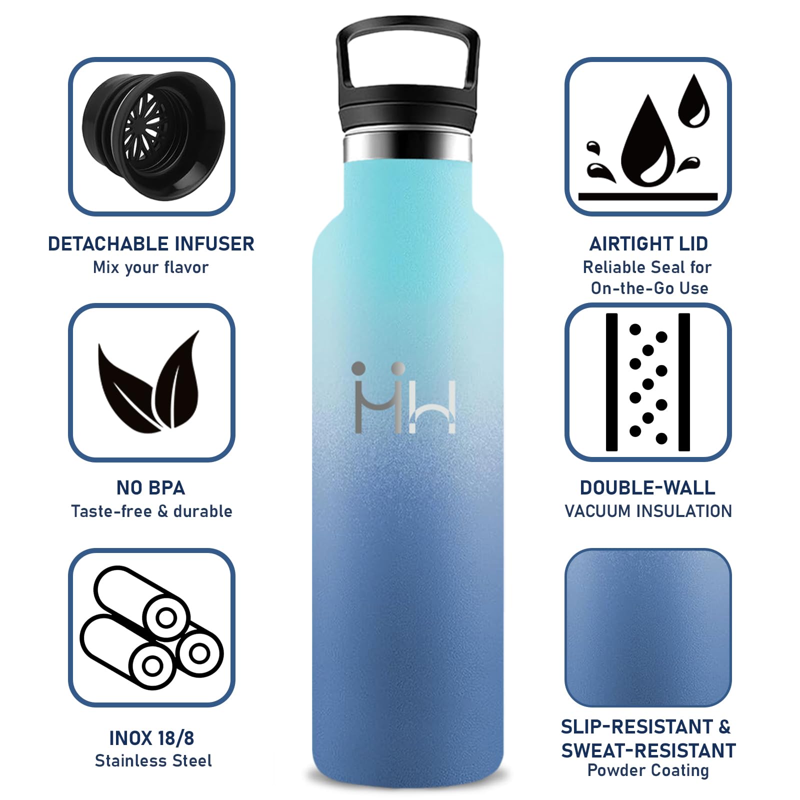 Grsta Borraccia Termica, Borraccia 1 litro, Senza BPA, 18/8 Acciaio Inox, Con filtro e Cannuccia, Mantiene Caldo per 12 Ore/Freddo 24 Ore, Borracce per Fitness, Corsa, Sportivo