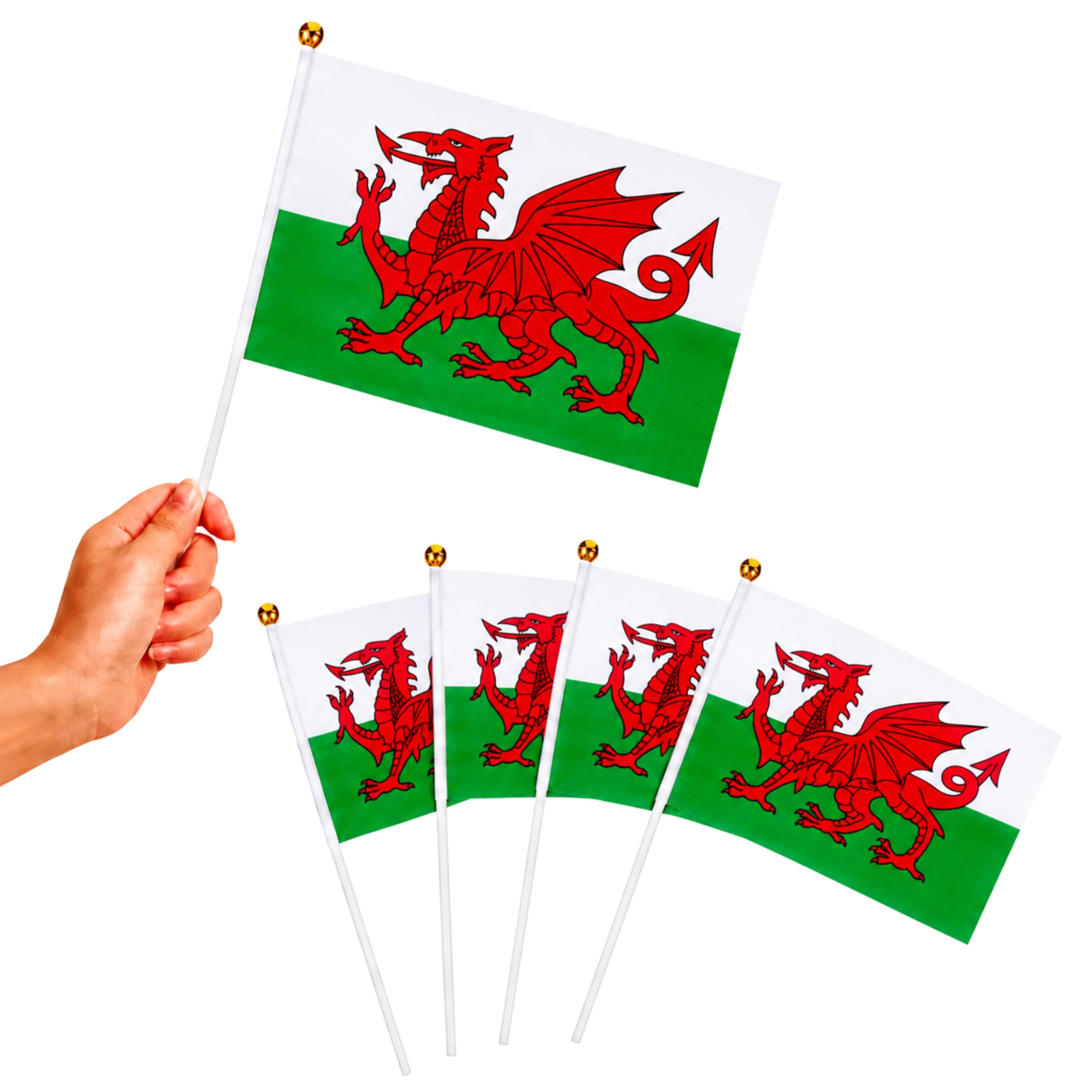 5Pcs Wales Hand Waving Flags 15 x 21cm with 30cm Pole – Double Sided Welsh Dragon Hand Flags for Football Matches, Garden Decorations, Pub Events and Street Parties