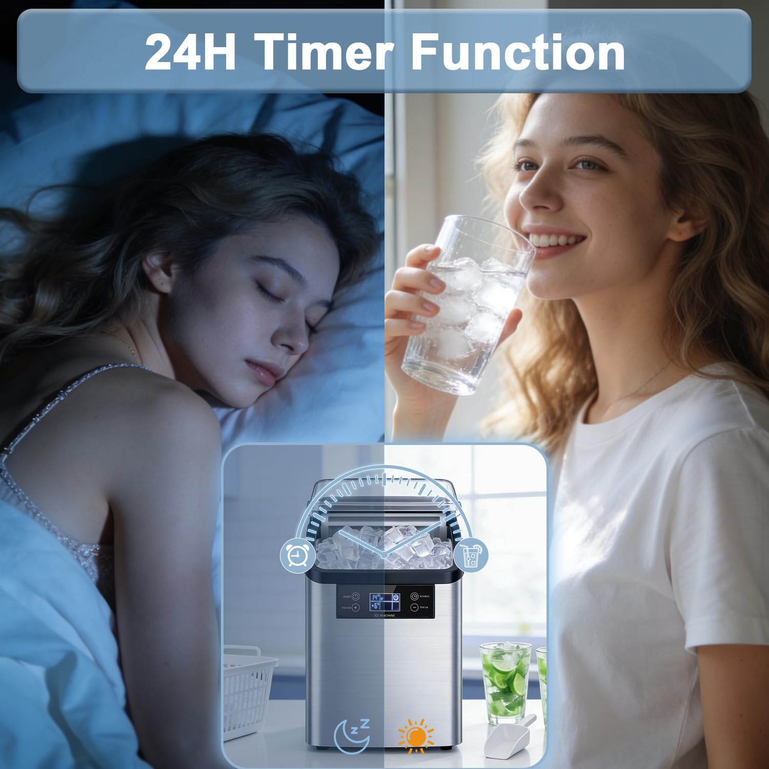 Waleaf 44LBS/24H Countertop Nugget Ice Makers with Timer, 24PCS Ice Cubes Ready in 6 Mins,Portable Auto-Cleaning Ice Machine with 2L Water Tank, for Home Kitchen Camping RV — view 6