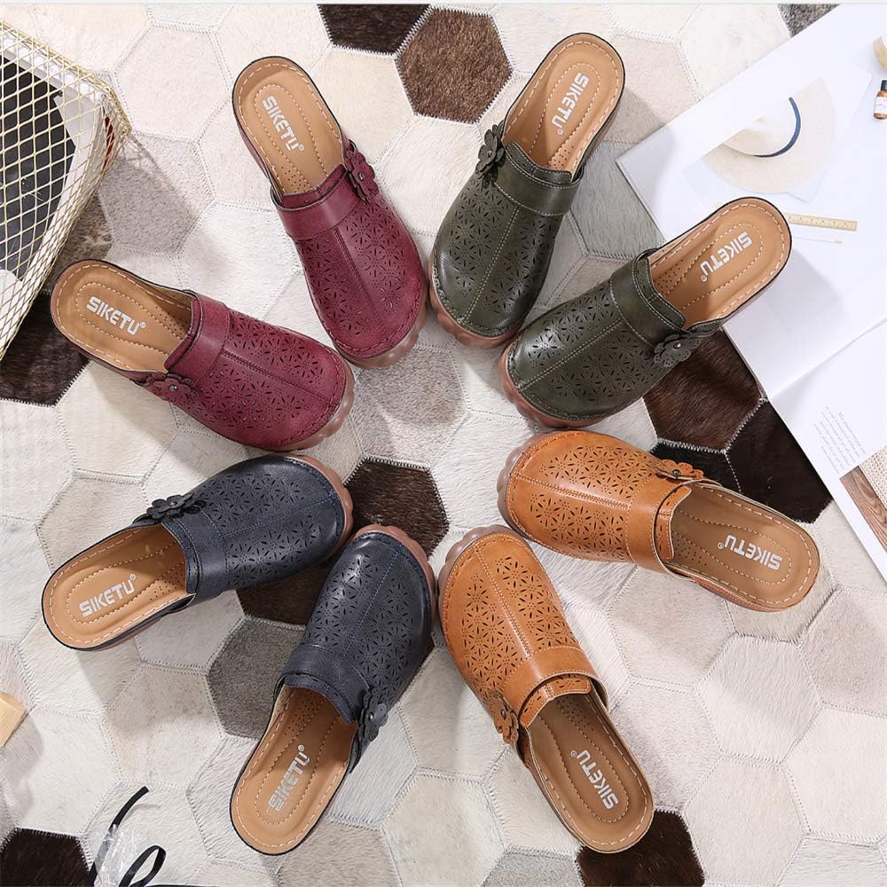 Womens Hollow Out Breathable Leather Flat Mules Summer Loafer Sandals Casual Low Wedges Walking Shoes