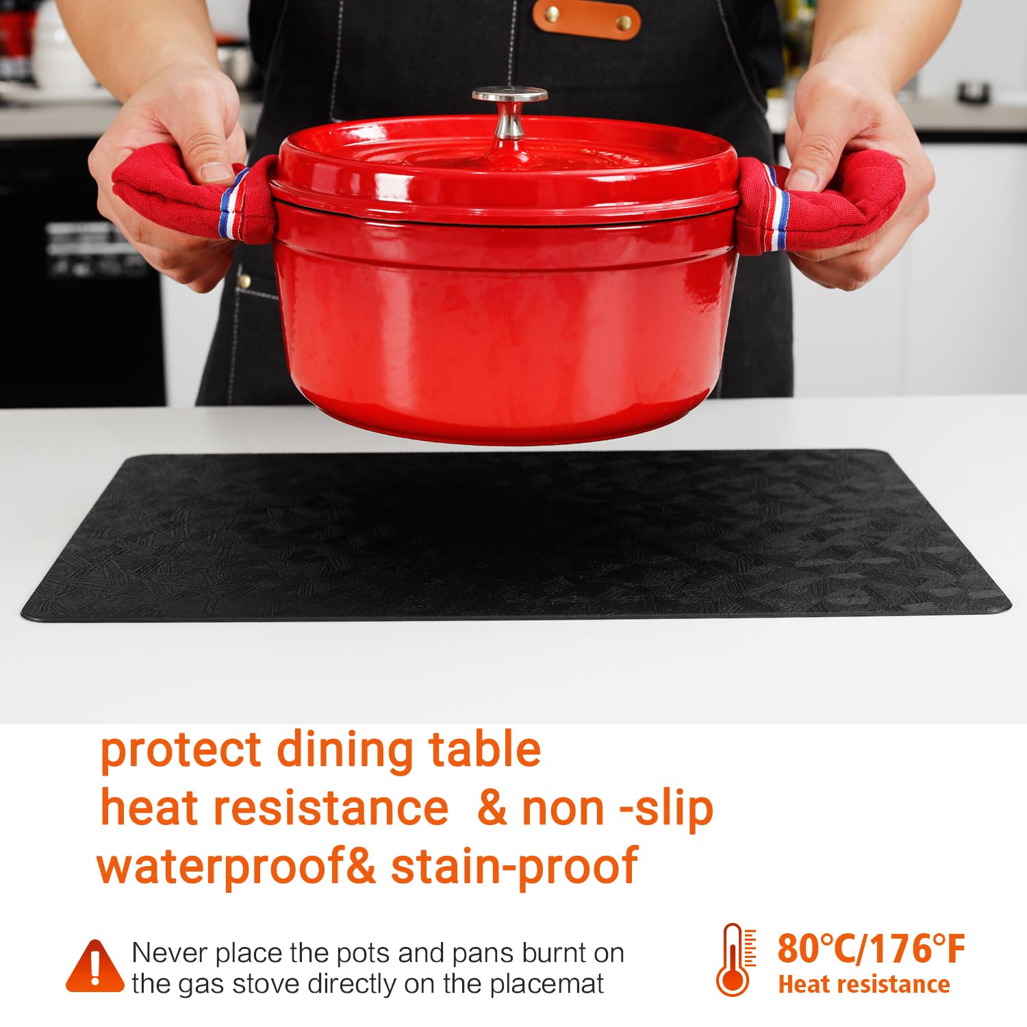 Vinyl Placemats Set of 6 Heat Resistant Easy Clean Non-Slip Place Mats for Dining Table. Faux Leather Waterproof Stain Resistant Wipeable Washable PVC Table Mats(6, Black)