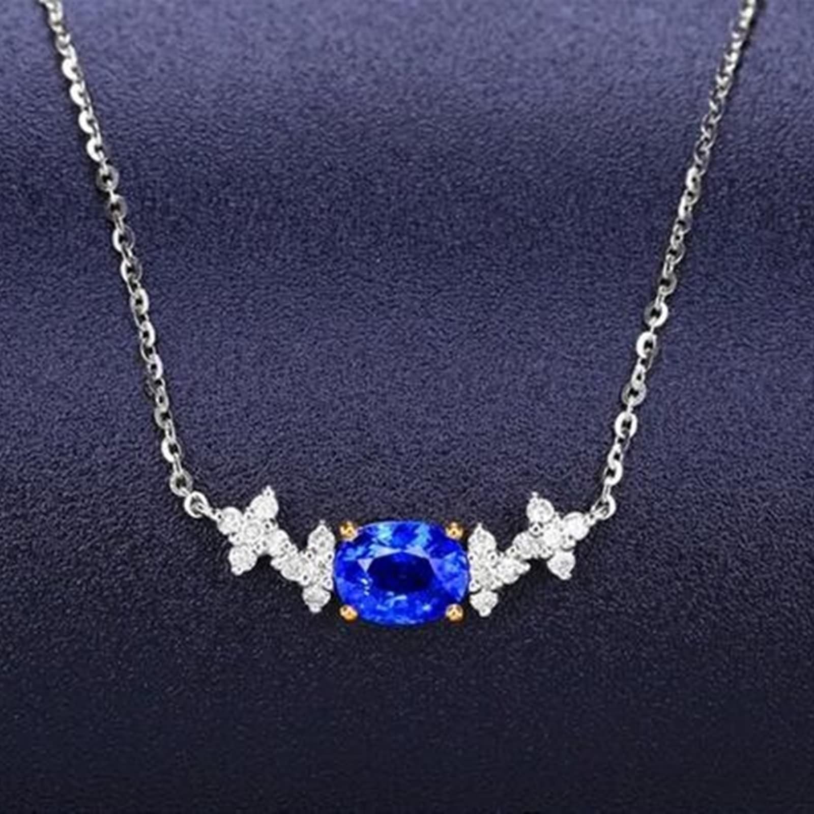 Collane Donna Oro Bianco e Giallo Vera, Collana per Fidanzati Donna con Zaffiro Sintetico 1.1 Carati e Diamante Sintetico, Gioielli con Pietra del Mese di Nascita
