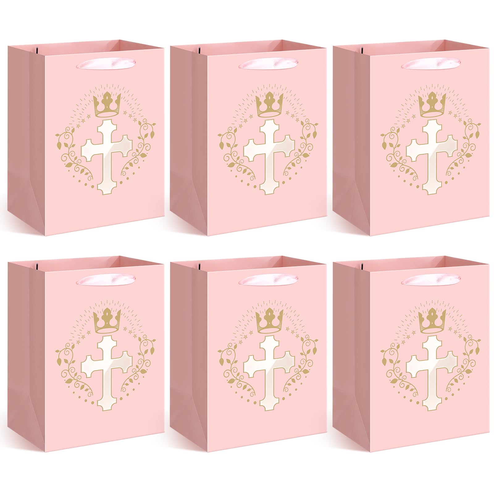 Humyoun 6 Pcs Pink Baptism Christian Religious Gift Bags with Cross Design Bulk 10.6 x8.2 x5.5 First Communion Baptism Confirmation Gift Bag for Baby Wedding Easter Clergy Day