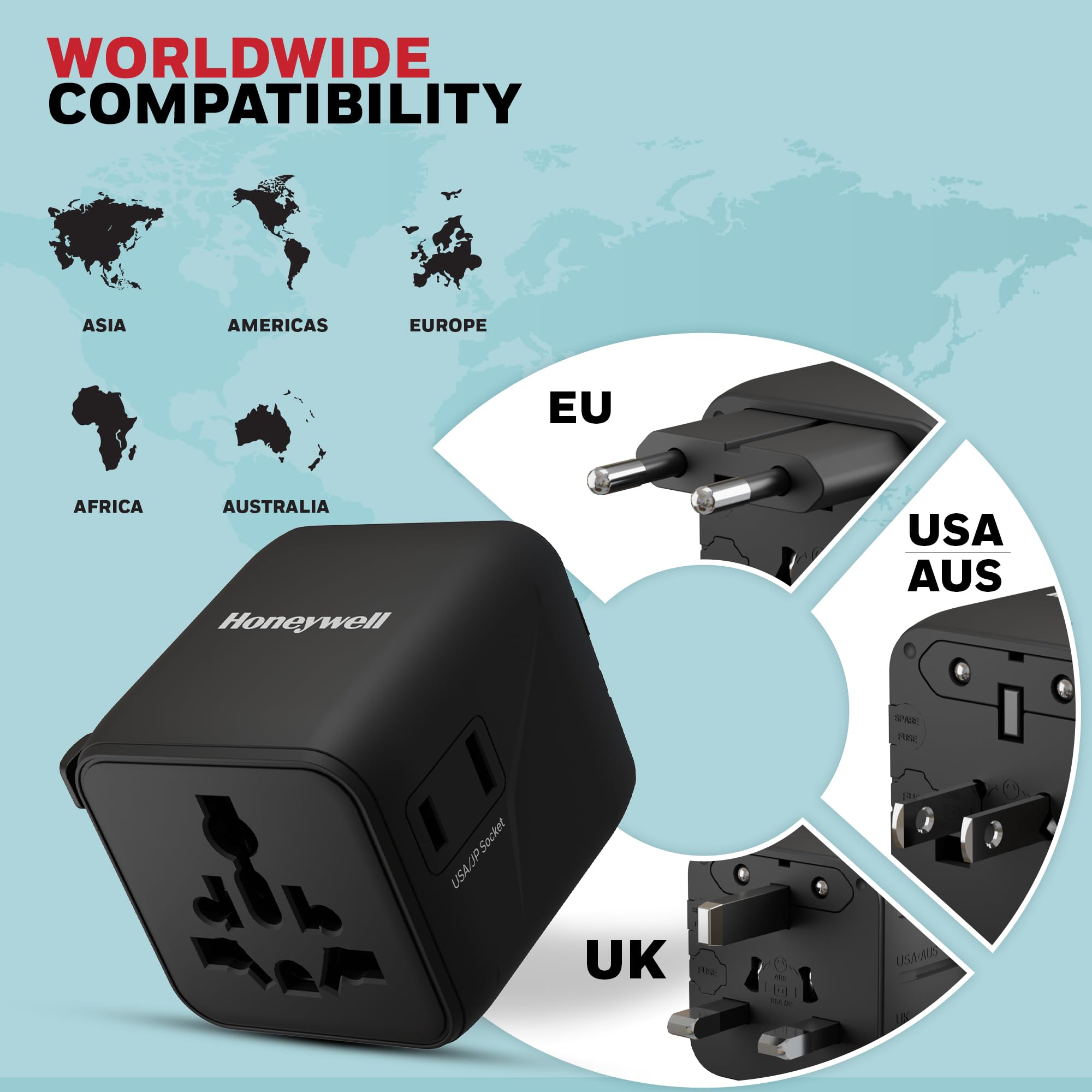 Honeywell New World Travel Adapter, Universal & US Socket, Charge 2 Devices Simultaneously, Worldwide Plug for EU, US, UK & CN/AUS, Overload & Over Voltage Protection, 3 Year Manufacturer Warranty 4