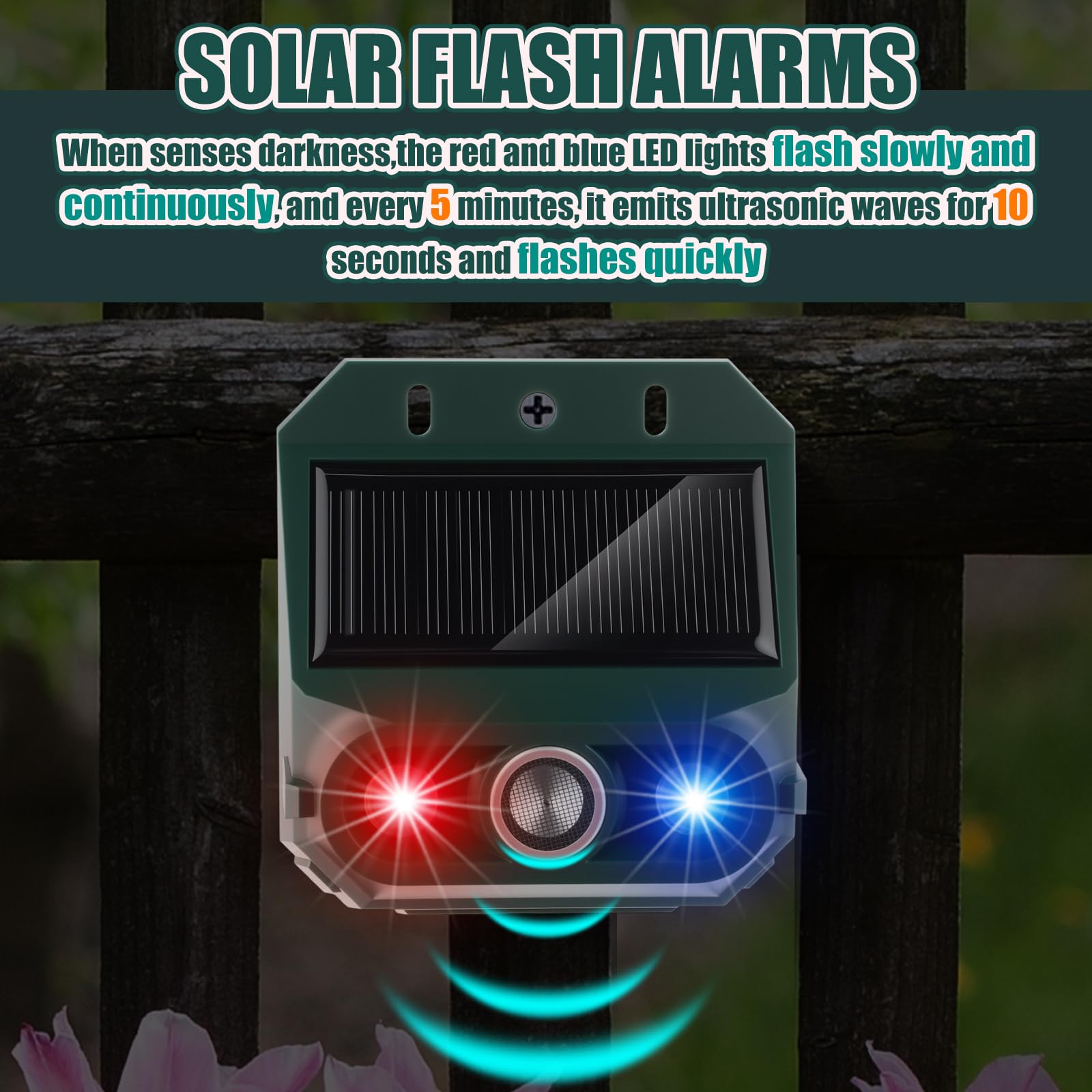 Qualirey Paquete de 4 repelentes solares ultrasónicos para exteriores, luces de depredador de animales, disuasorio, sensor de luz de movimiento, alarma, eficaz repelente de animales nocturnos para