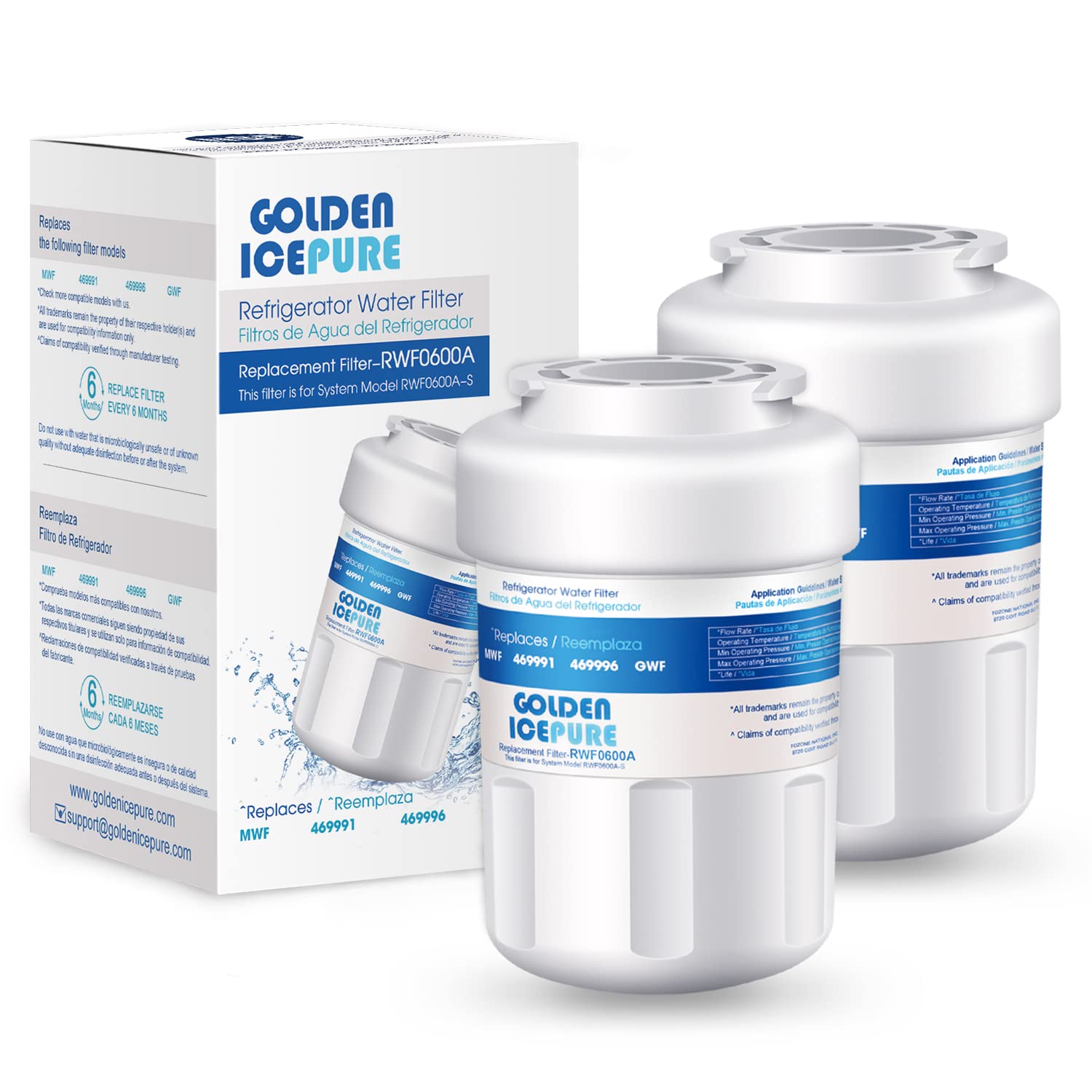 Golden Icepure Filtro de agua de repuesto MWF, compatible con GE MWF SmartWater, MWFP, MWFA, GWF, Kenmore 469991 (paquete de 2)