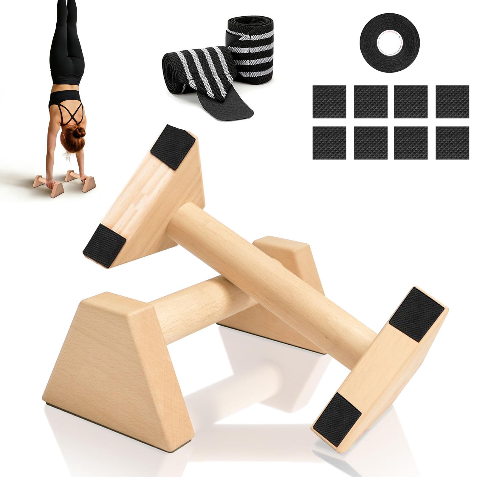 Barras Paralelas de Madera, 2 Piezas Paralelas Calistenia, Push Up de Madera Paralelos, Barra de Flexiones Maciza, con 1 Rollos de Cinta Adhesiva y 1 Par de Muñequeras, para Fitness