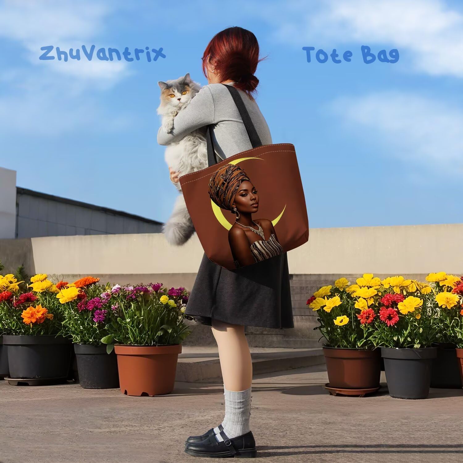 African American Tote Bag Reusable Grocery Bags Aesthetic Shopping Shoulder Handbag with Interior Zipper Pocket Stylish Brown Moon Present for Women - Image 6