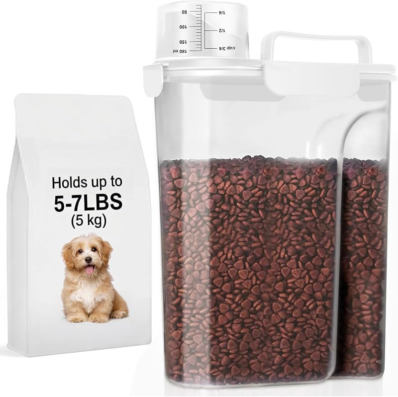 Recipiente Hermético para Armazenar Ração de Cães e Gatos LEAWALK com Tampa de 4 Travas, Copo Medidor e Alça, Branco, 5 L
