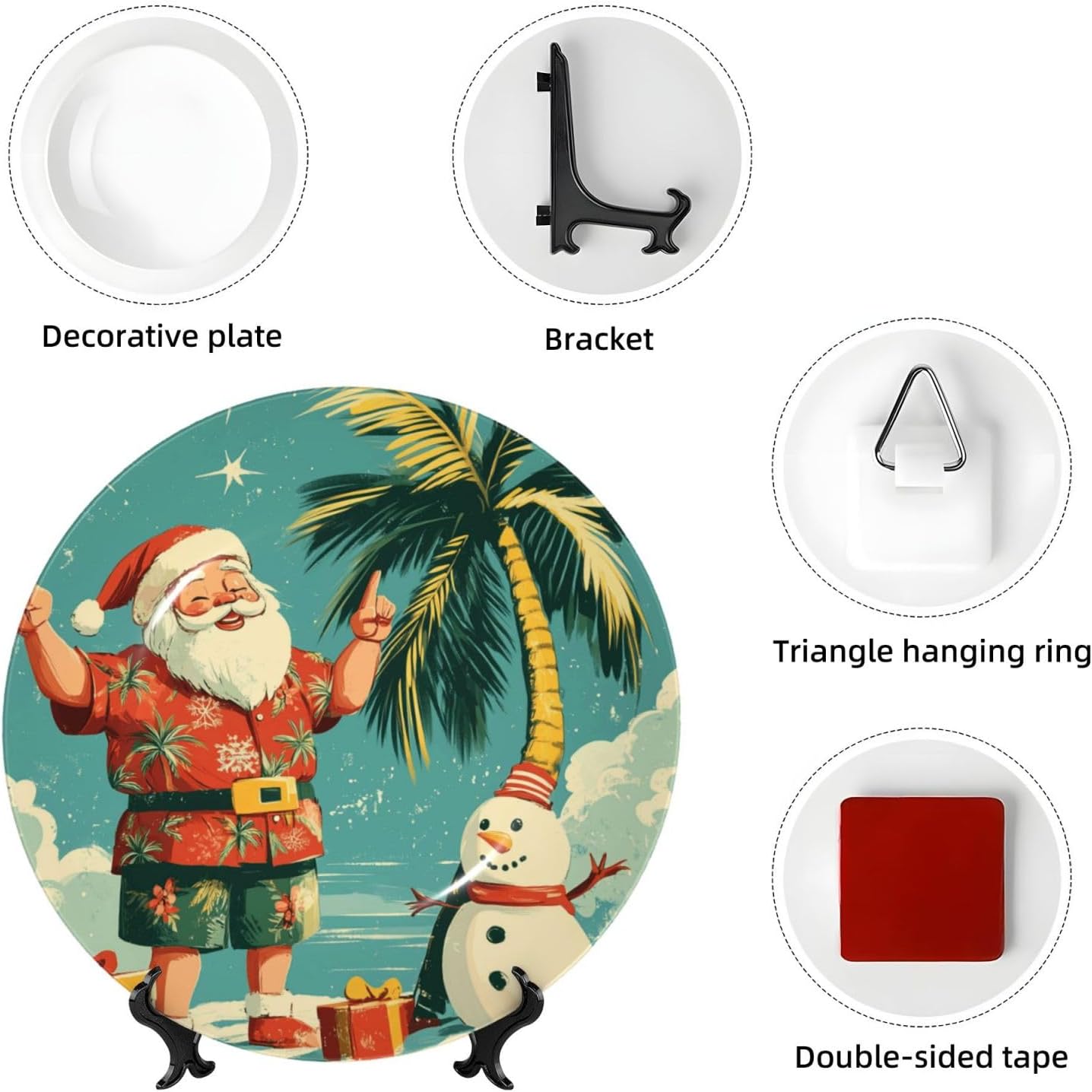 Hawaii-Santa-Snowman-Christmas 10 Inch Decorative Plate With Stand, Elegant Display Wall Plate For Home Decor