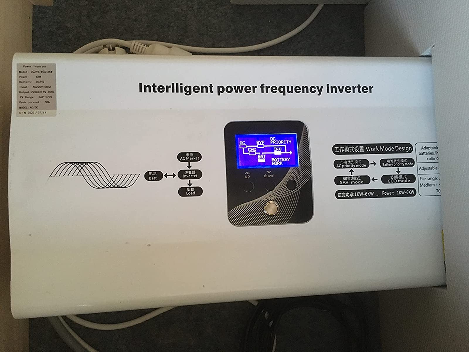Hybrid-Solar-Wechselrichter 3000 W 12 V DC bis 220 V / 230 V AC, reine Sinuswelle, Inverter Off Gridcon Solarregler 60 A MPPT, maximaler Eingang PV 170 V, für Lithium-Akku AGM GEL