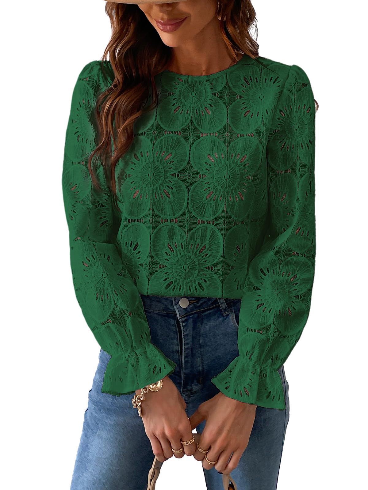 CUPSHE Damen Bluse, Ausschnitt, Blumenoberteil, Rundhalsausschnitt, Lange Ärmel, elastische Bündchen, Elegantes Hemd, mintgrün, XXL