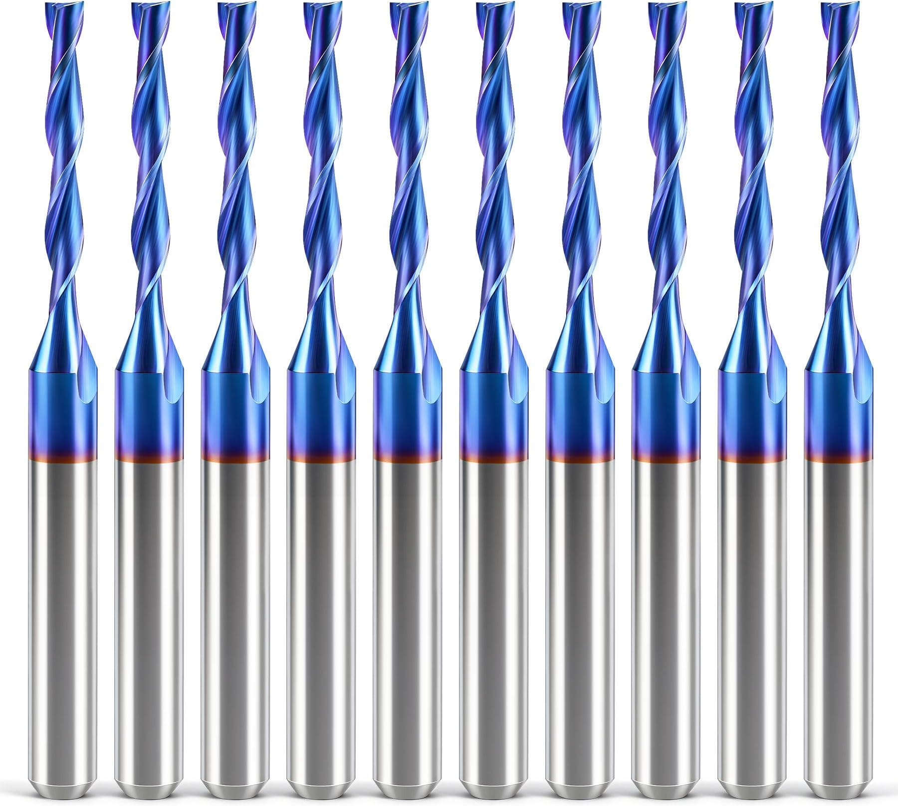 HQMaster CNC Router Bits 1/8" Shank 1/16" Cutting Dia. CNC Bit End Mill Flat Nose Carbide Endmill Two Flute Spiral Upcut Milling Cutter Tool Set for Wood PVC MDF Hardwood 10Pcs