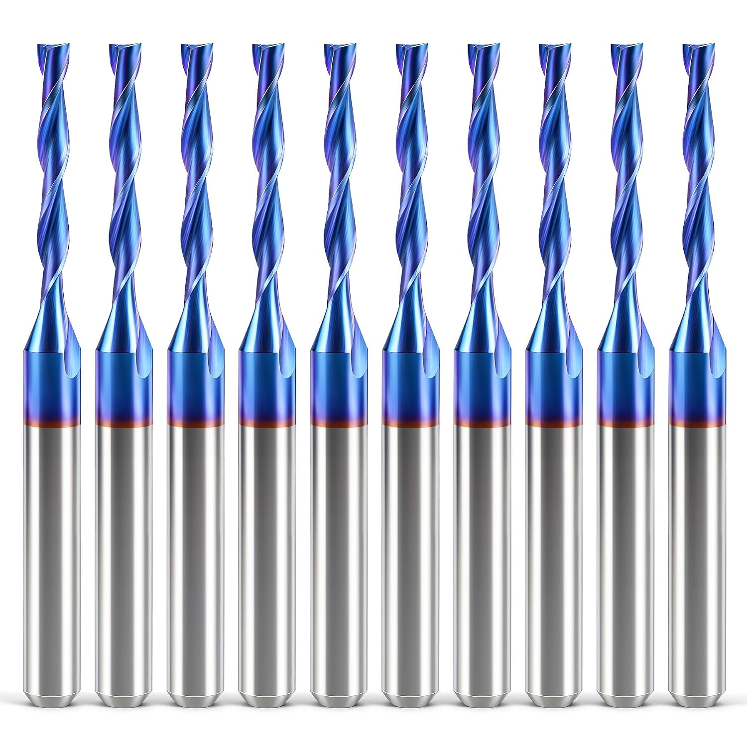 HQMaster CNC Router Bits 1/8" Shank 1/16" Cutting Dia. CNC Bit End Mill Flat Nose Carbide Endmill Two Flute Spiral Upcut Milling Cutter Tool Set for Wood PVC MDF Hardwood 10Pcs