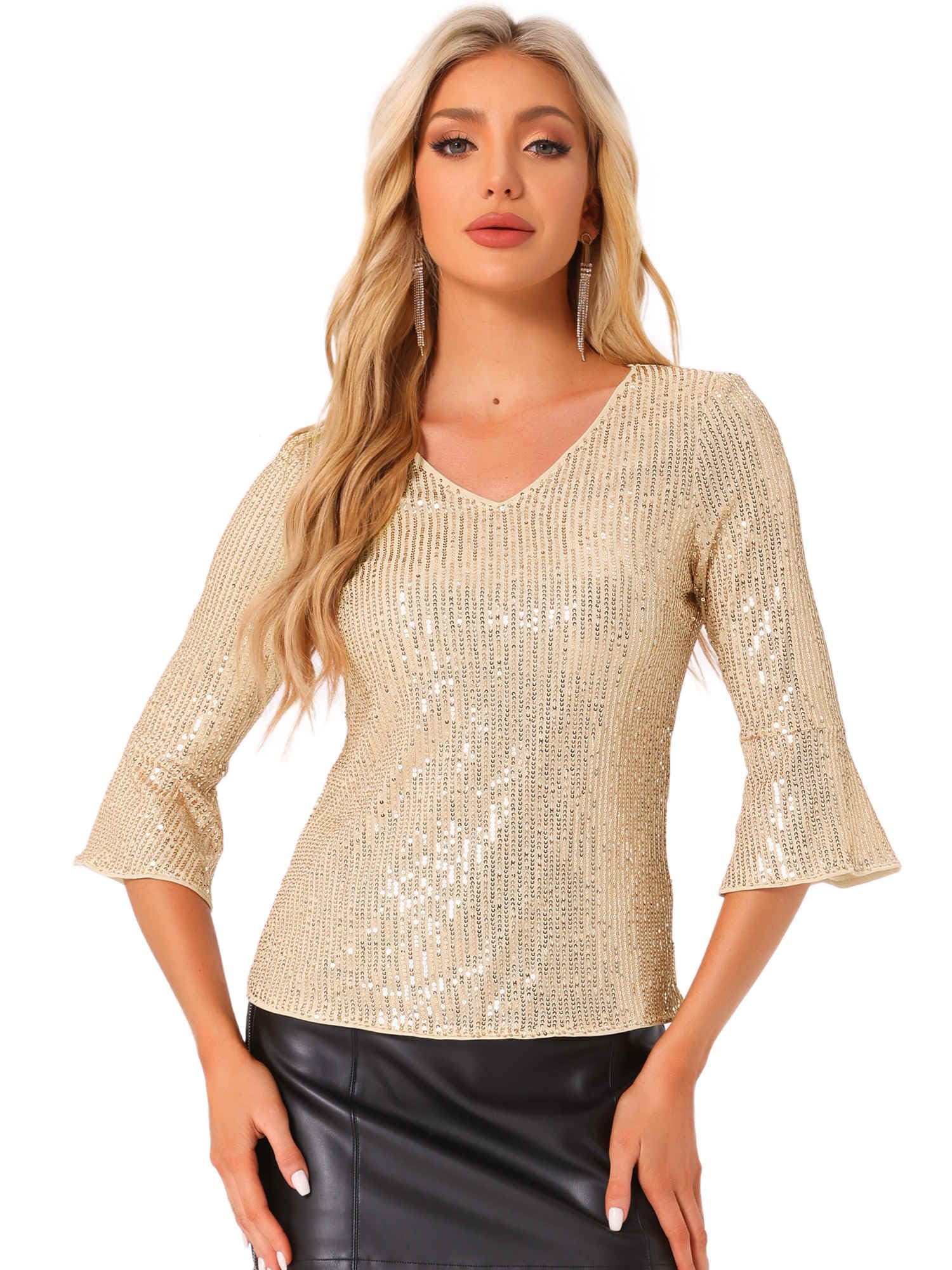Allegra K Donna Blusa Paillettes Metalliche Scollo a V Maniche 3/4 Festa | Design Luminoso con Dettagli Scintillanti Adatto per Cocktail Club e Festa Cattura L Attenzione