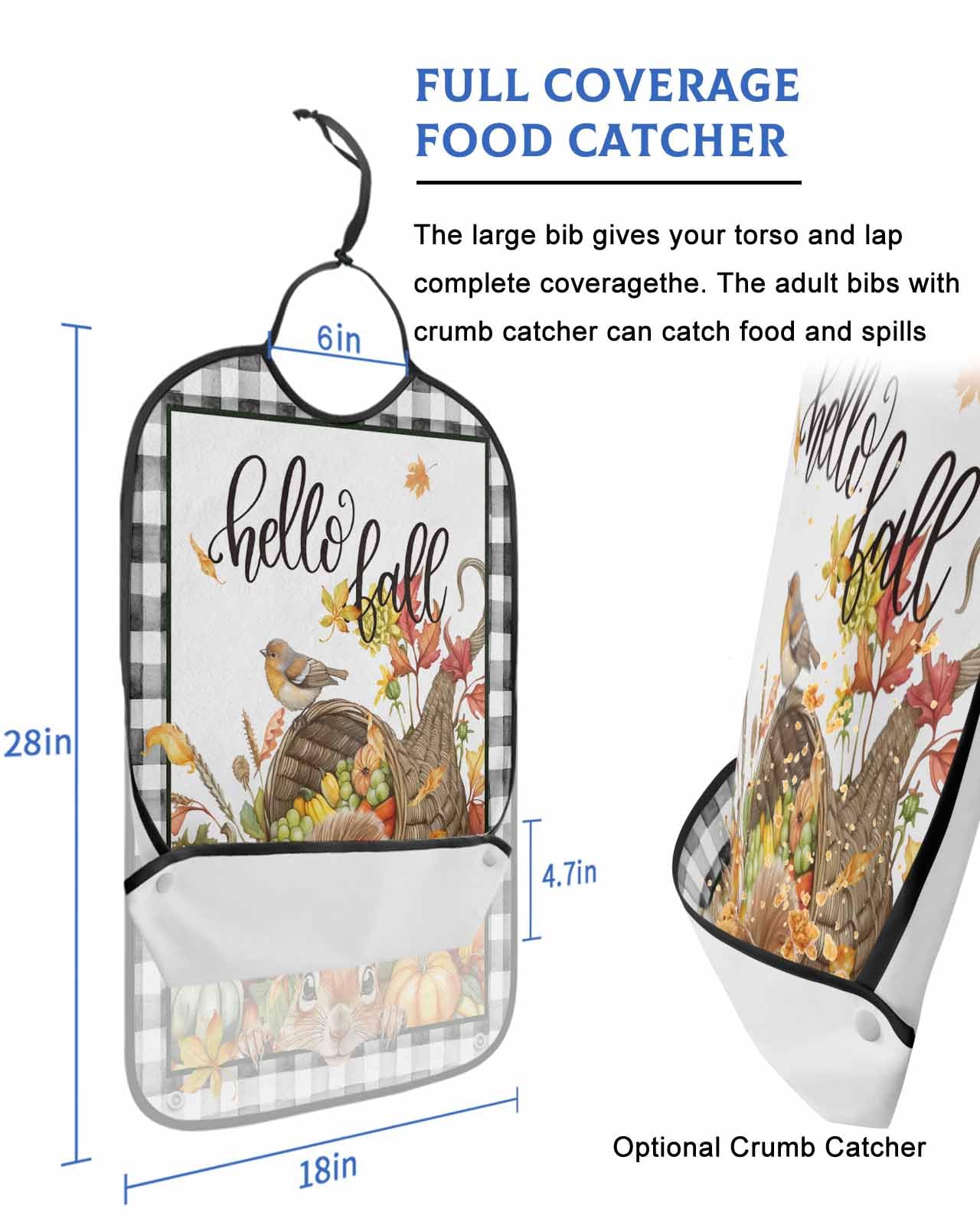 Thanksgiving Squirrel Adult Bib for Eating with Crumb Catcher,Hello Fall Pumpkin Buffalo Plaid Washable & Waterproof Terry Cloth Adjustable Elderly Women Men Adult Bibs Funny Apron Clothing Protector