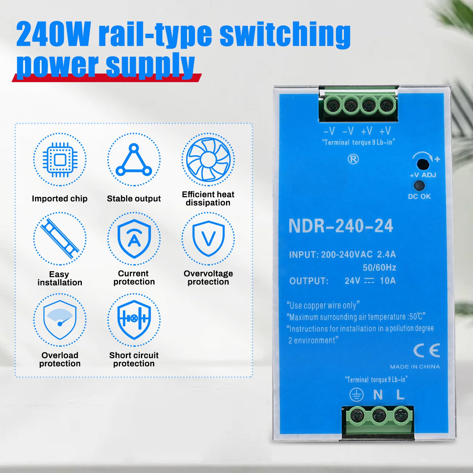 240 W szyny montażowe, zasilacz sieciowy 24 V na szynę DIN, wejście AC 100-220 V, 2,4 A, wyjście DC 24 V 10 A, wiele funkcji ochronnych, model przemysłowy NDR-240W-24V.