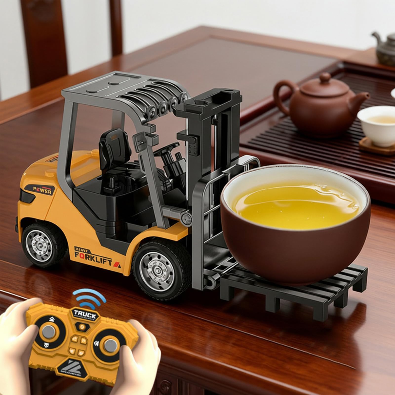 2set 1/64 Full Proportional RC Forklift Toy, Alloy Forklift Toy Car Model 2 in 1 Transformable Lift Fork & Hook Engineering Vehicle Tabletop Toys with Lights & Sounds Gifts for 4+ Kids