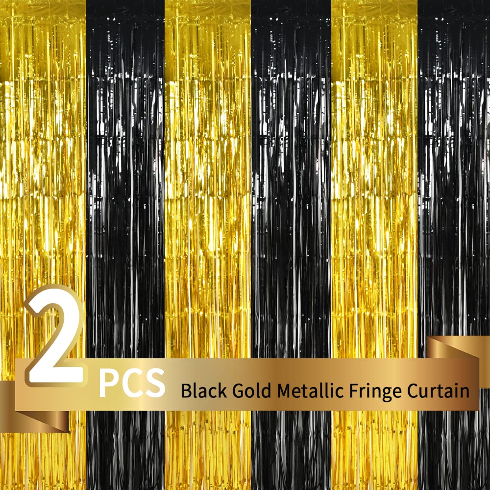 TONIFUL 2Pcs Black Gold Door Streamers,Photo Booth Backdrop Metallic Streamers Foil Fringe Curtains for Birthday,Christmas,New Year,Bachelorette,Grad Party Streamers Decor(6.6ft x 6.6ft)