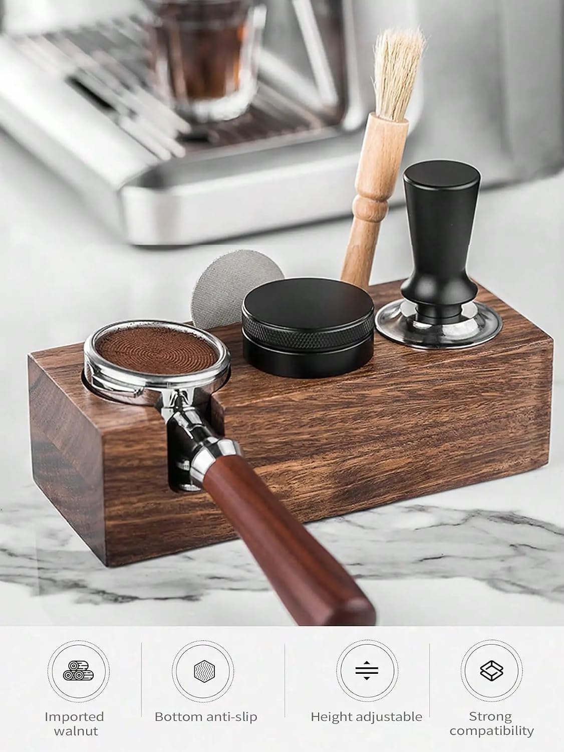OVARIA Walnut Coffee Tamper Holder Wood Espresso Tamper Stand Tamper Station Wooden Base Anti-Slip Coffe Portafilter Holder for Cafe Coffee Machine Accessories - 3 Holes (51/54/58mm) (Size : 58MM)