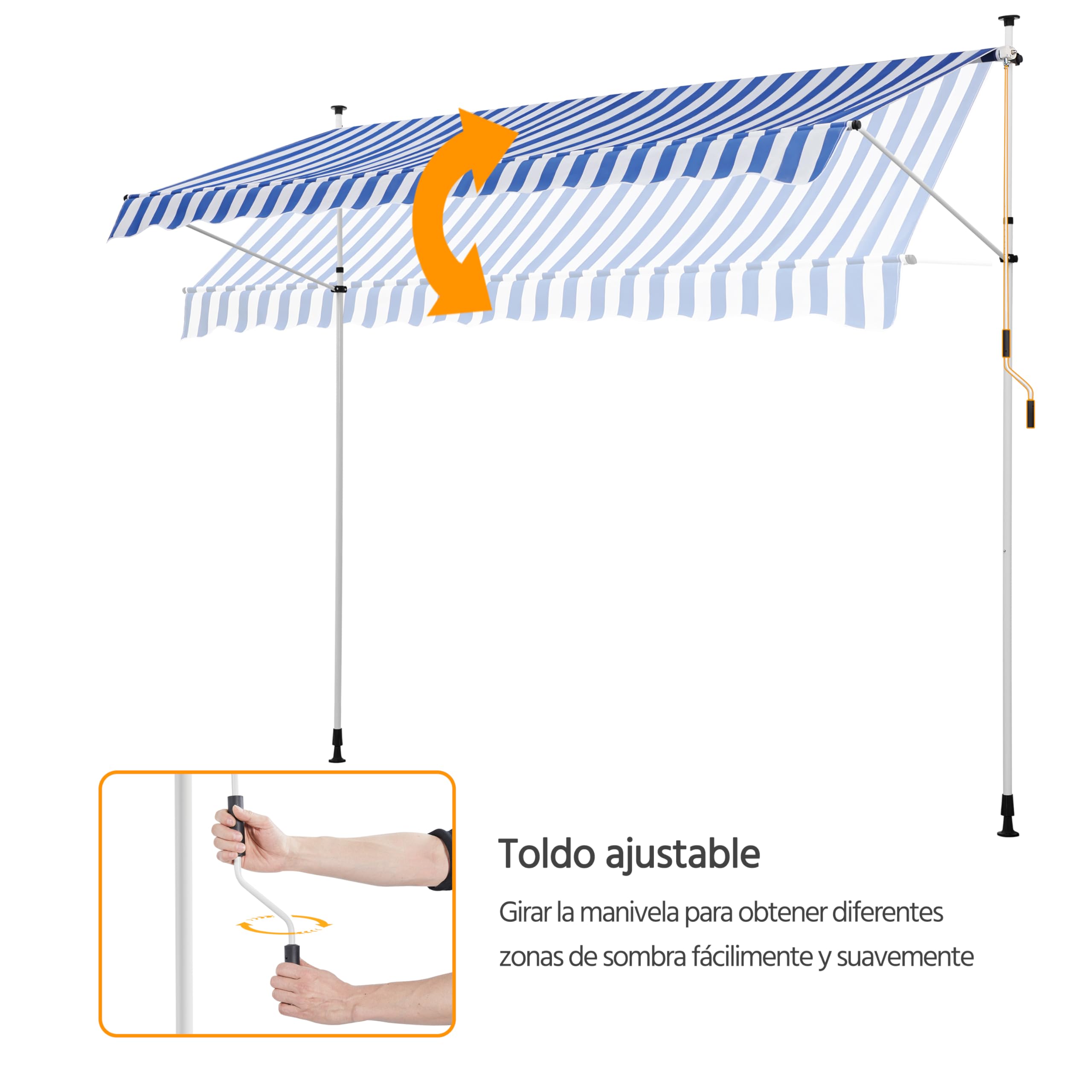 Yaheetech Toldo Manual Retráctil Exterior Toldo Enrollable Exterior Altura Ajustable con Manivela Sin Taladro Resistente a UV Repelente al Agua para Balcón Terraza Patio Jardín 300 cm Azul y Blanco