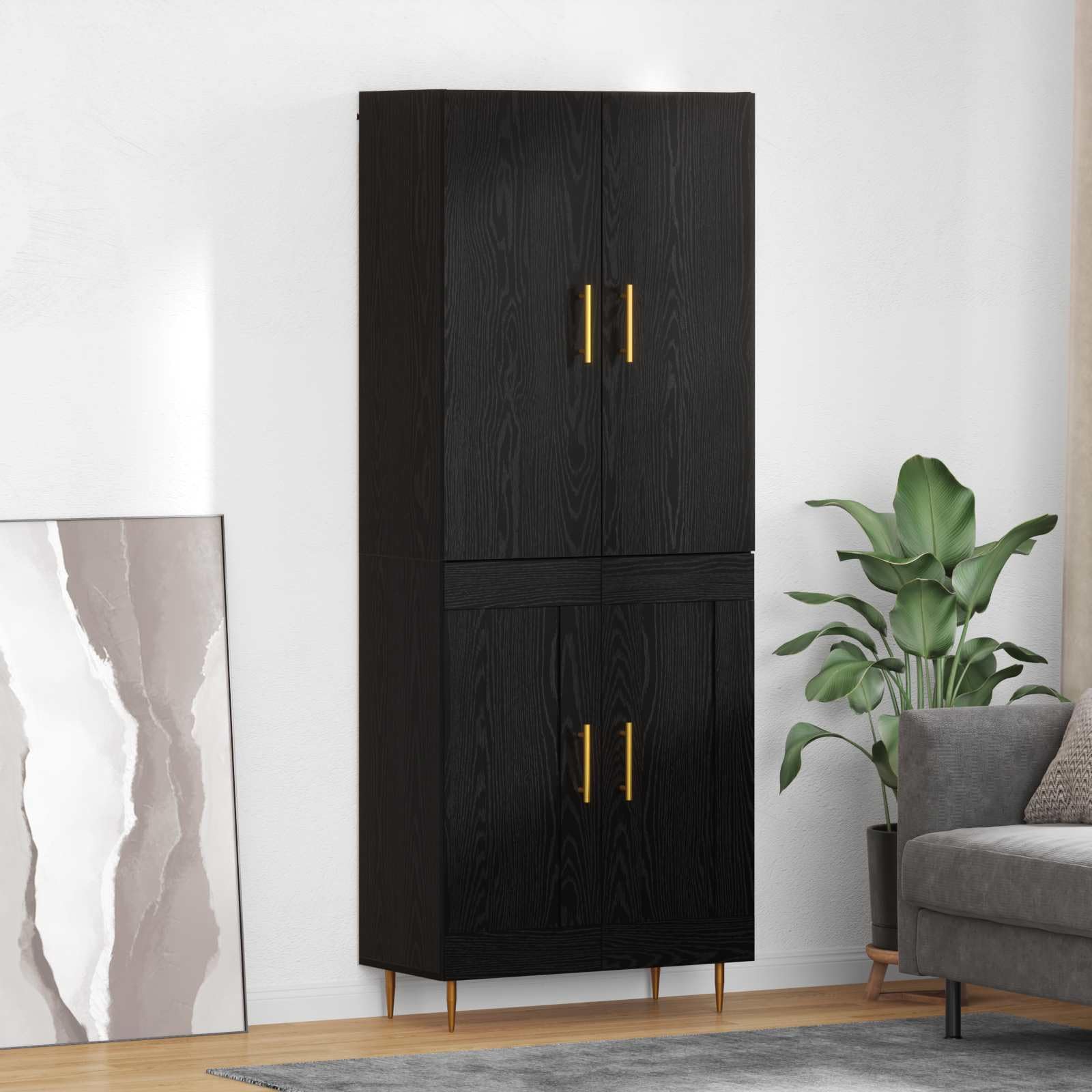 Générique Wysoka szafka dębowa czarna 69,5 x 34 x 180 cm Drewno inżynieryjne | Matowe mosiężne uchwyty, zwężane nogi, nowoczesny design, idealny do salonu jadalnia