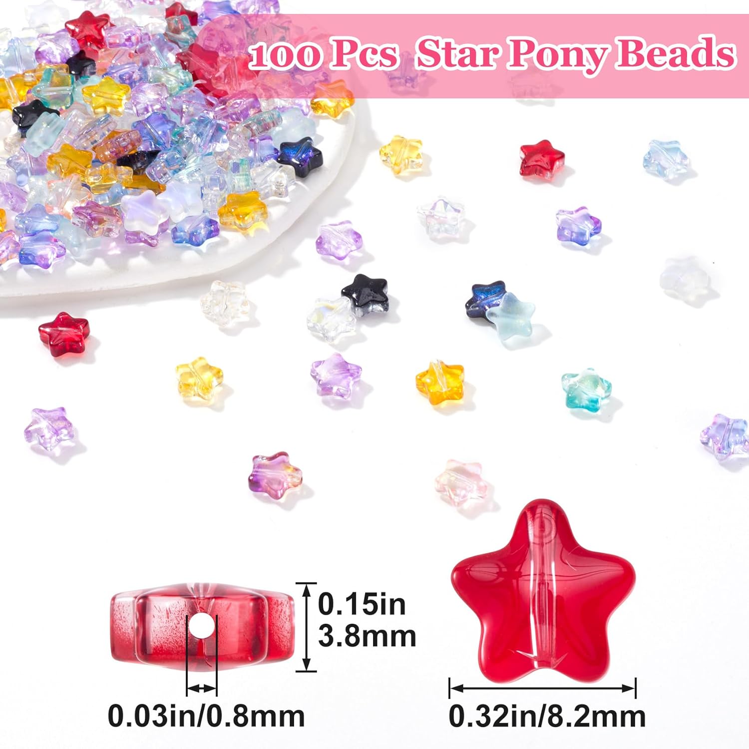 100 Pcs Star Beads Glitter Star Pony Beads Shapes for Friendship Bracelet, Large Hole Kandi Bead for Hair Braids, Jewelry Making (Multicolor) - Image 2