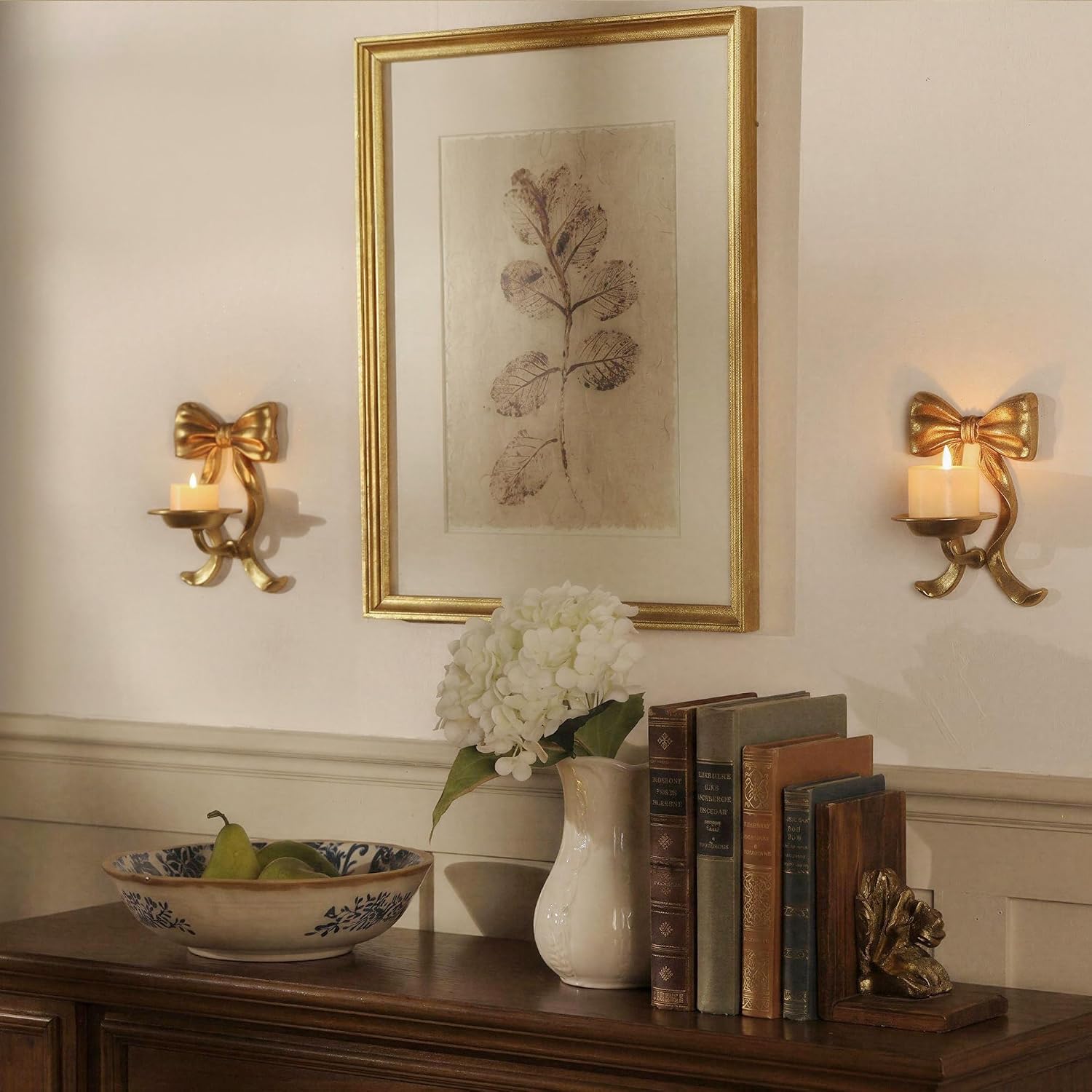 SOFFEE DESIGN 2PCS Bow Wall Candle Sconces, Vintage Gold Candle Holders with 3” Drip Tray, Playful Elegance for Living Room or Bedroom, Small Pillar Candle Friendly