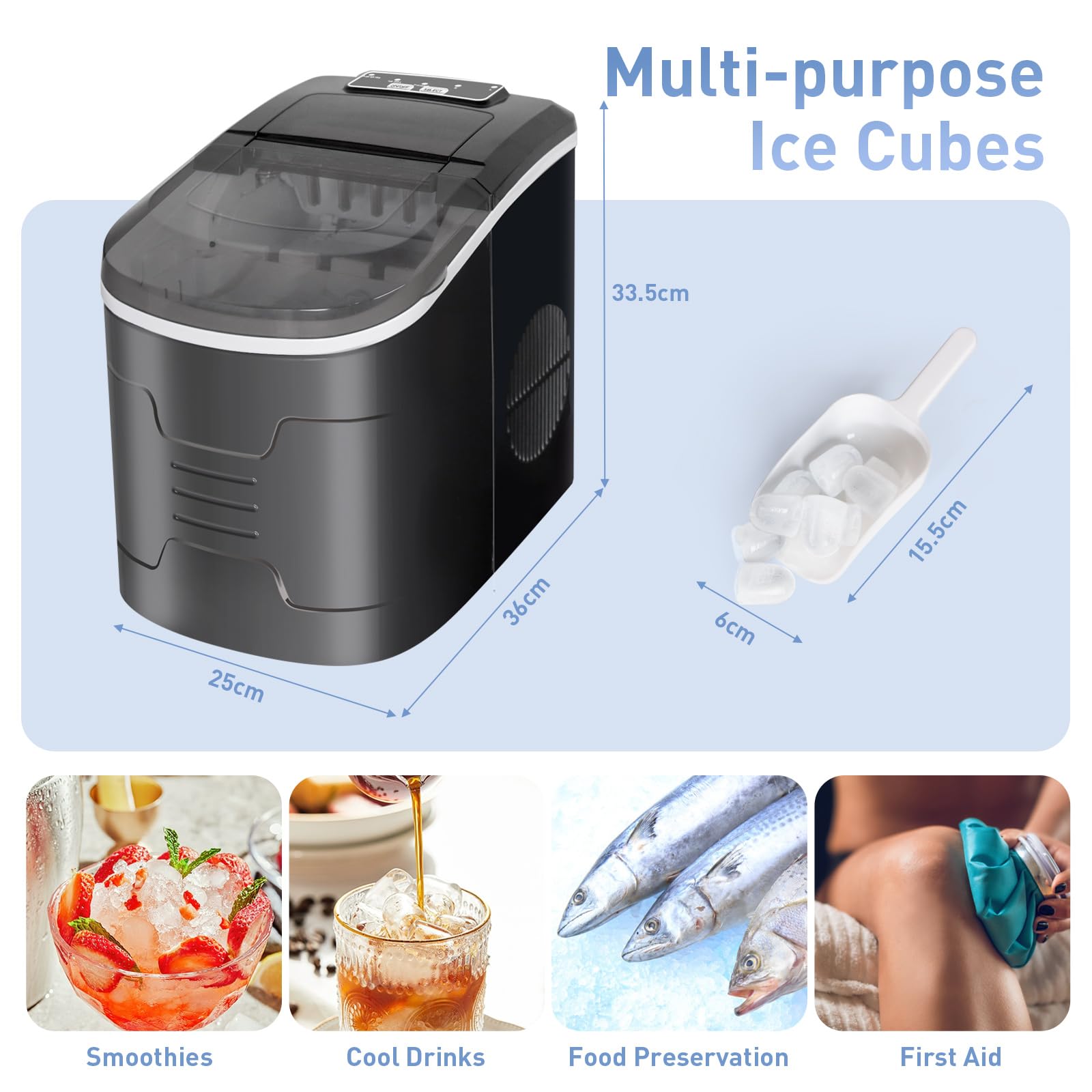 Todeco Macchina del Ghiaccio 2,2L, con 2 Formati di Ghiaccio, 12 KG 24 Ore, 9 Cubetti in 6-10 Min, Autopulente, Coperchio trasparente grande, per Casa, Cocktail