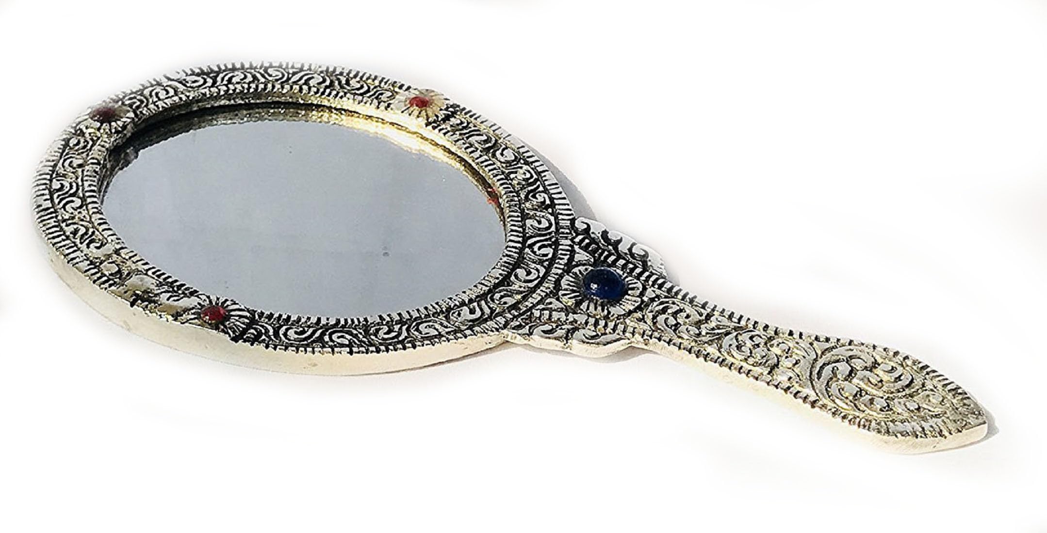 VIYU CREATIONS Metal Handheld Mirror with Handle Vintage Compact for Personal Makeup Vanity Portable Travel Skin Mirror (Silver Oval)